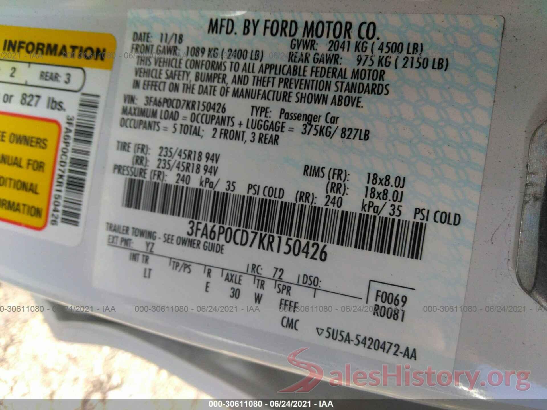 3FA6P0CD7KR150426 2019 FORD FUSION