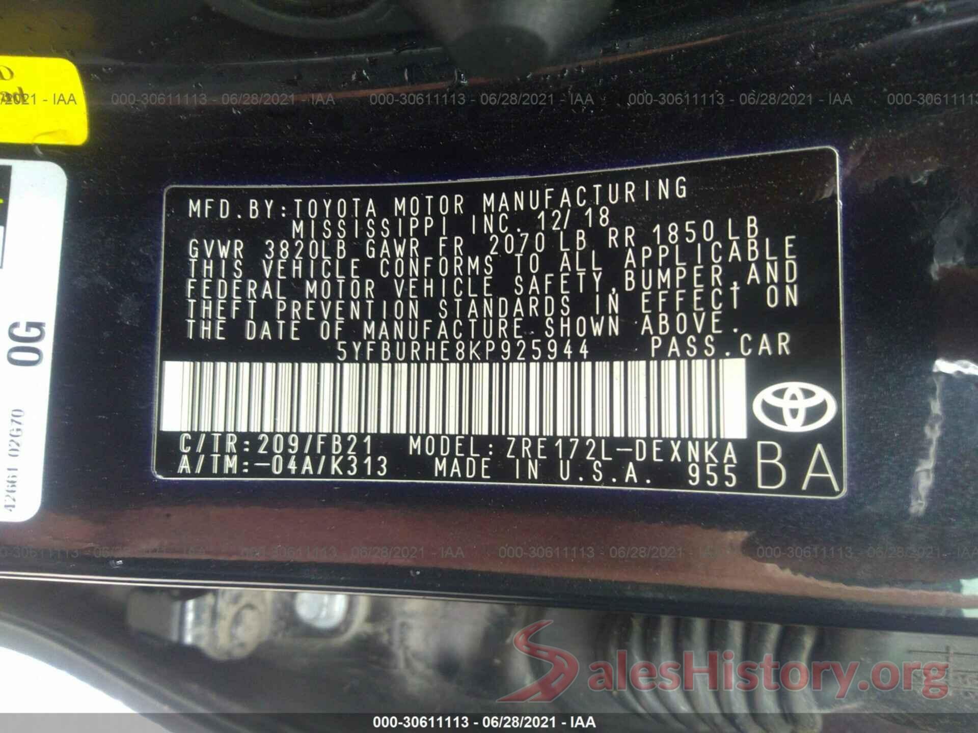 5YFBURHE8KP925944 2019 TOYOTA COROLLA