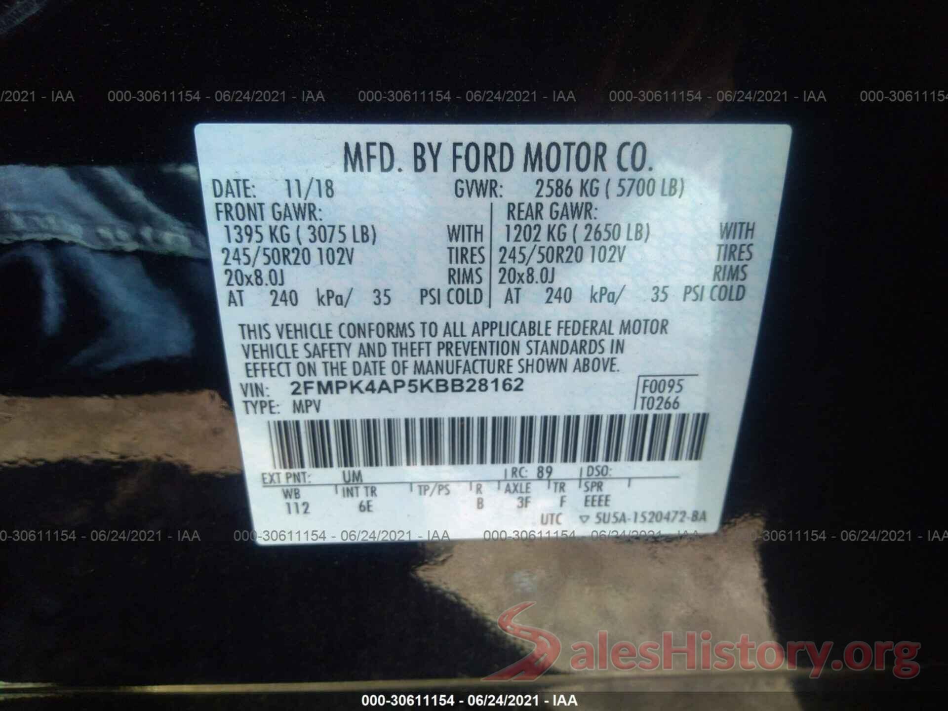 2FMPK4AP5KBB28162 2019 FORD EDGE