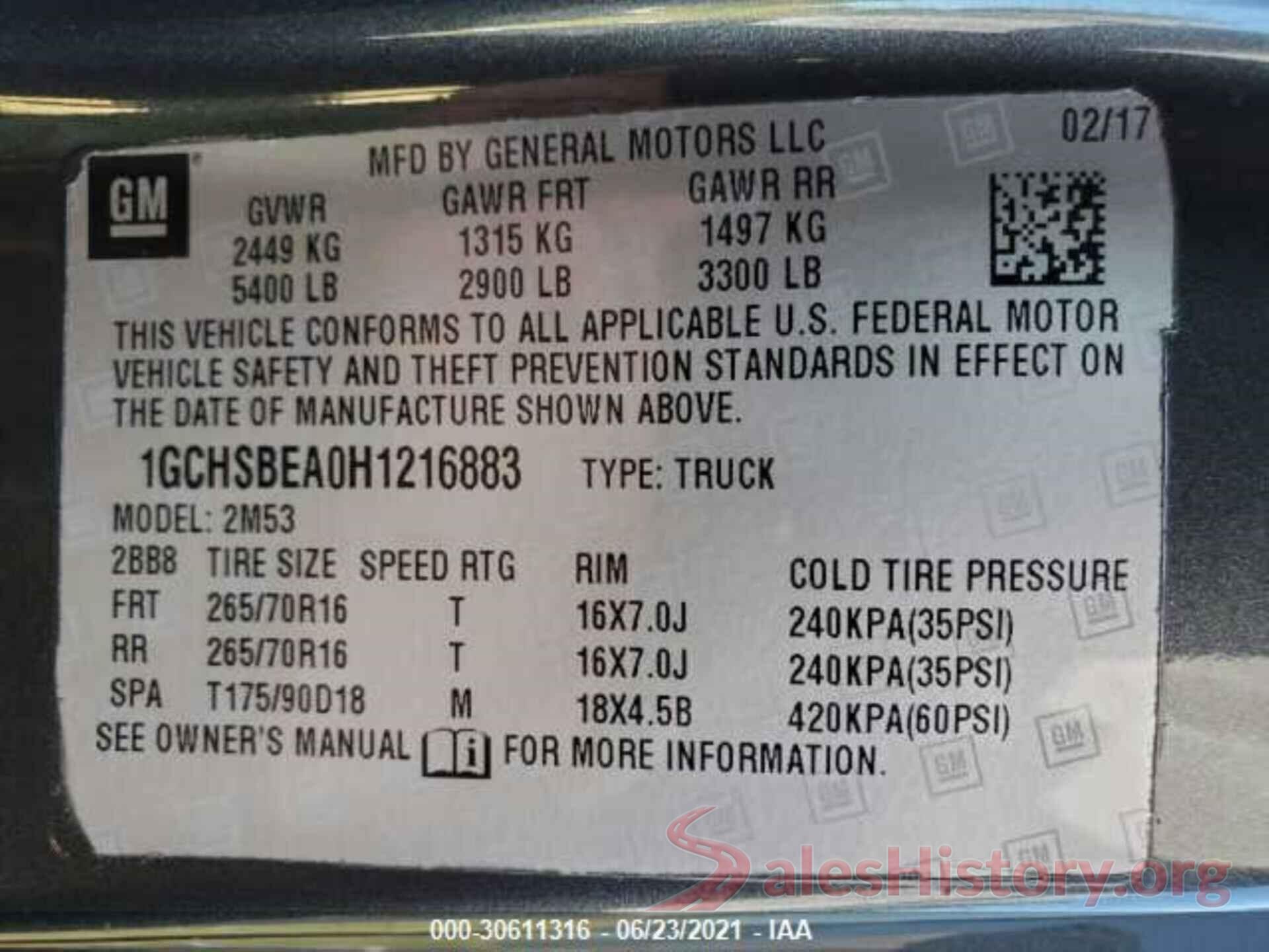 1GCHSBEA0H1216883 2017 CHEVROLET COLORADO