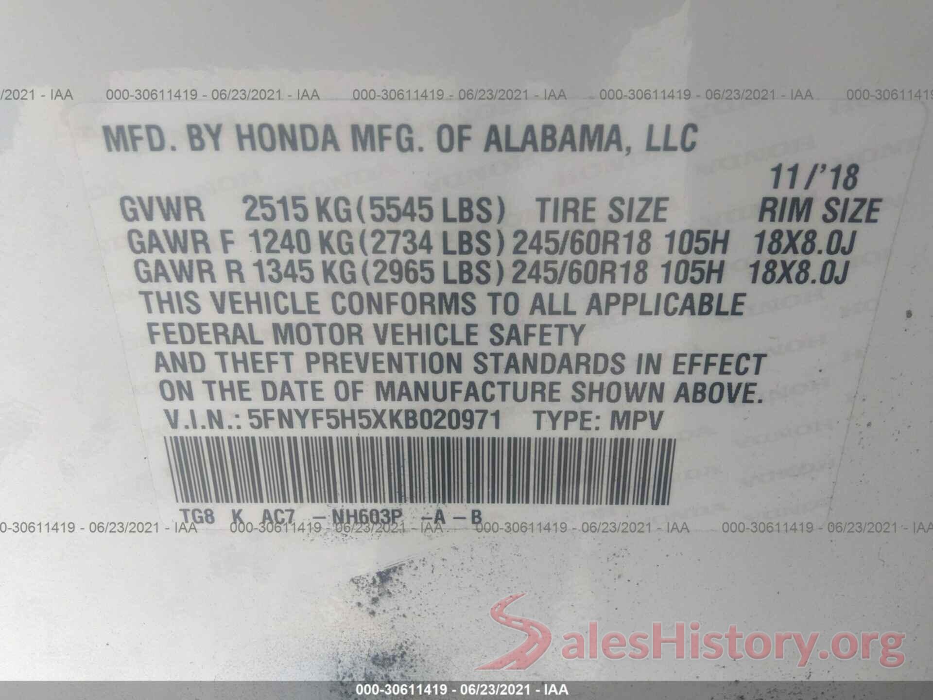 5FNYF5H5XKB020971 2019 HONDA PILOT