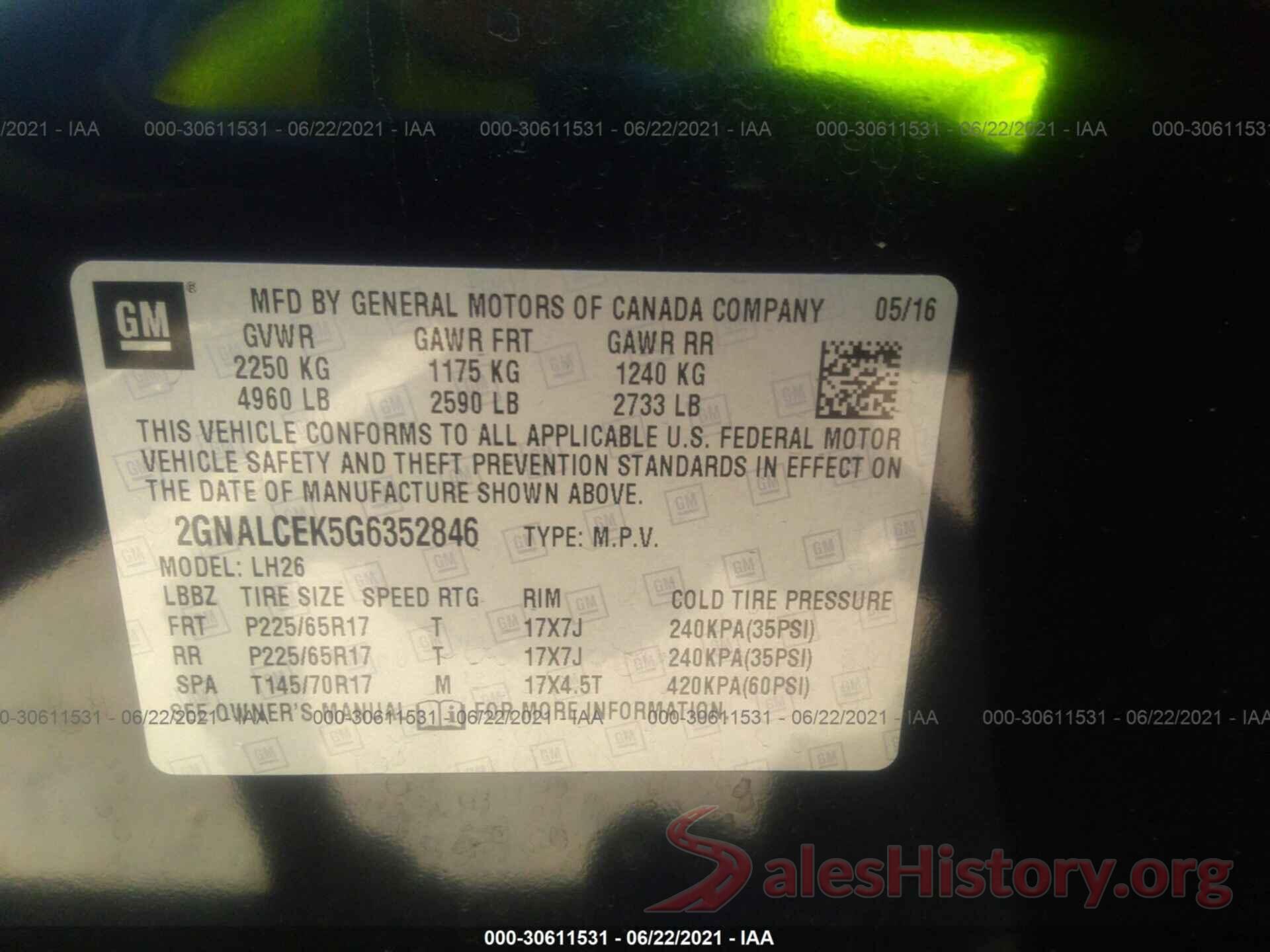 2GNALCEK5G6352846 2016 CHEVROLET EQUINOX