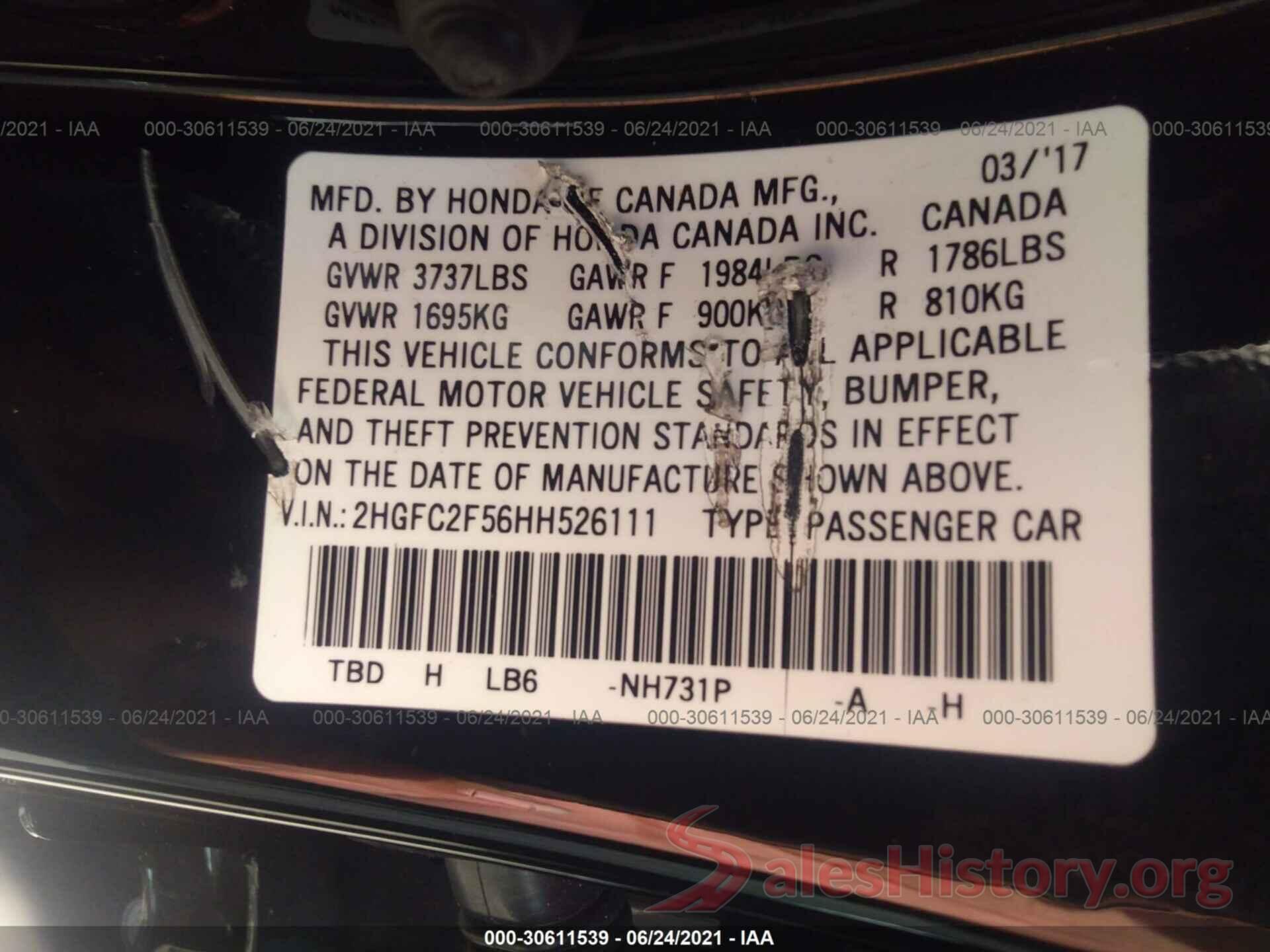 2HGFC2F56HH526111 2017 HONDA CIVIC SEDAN