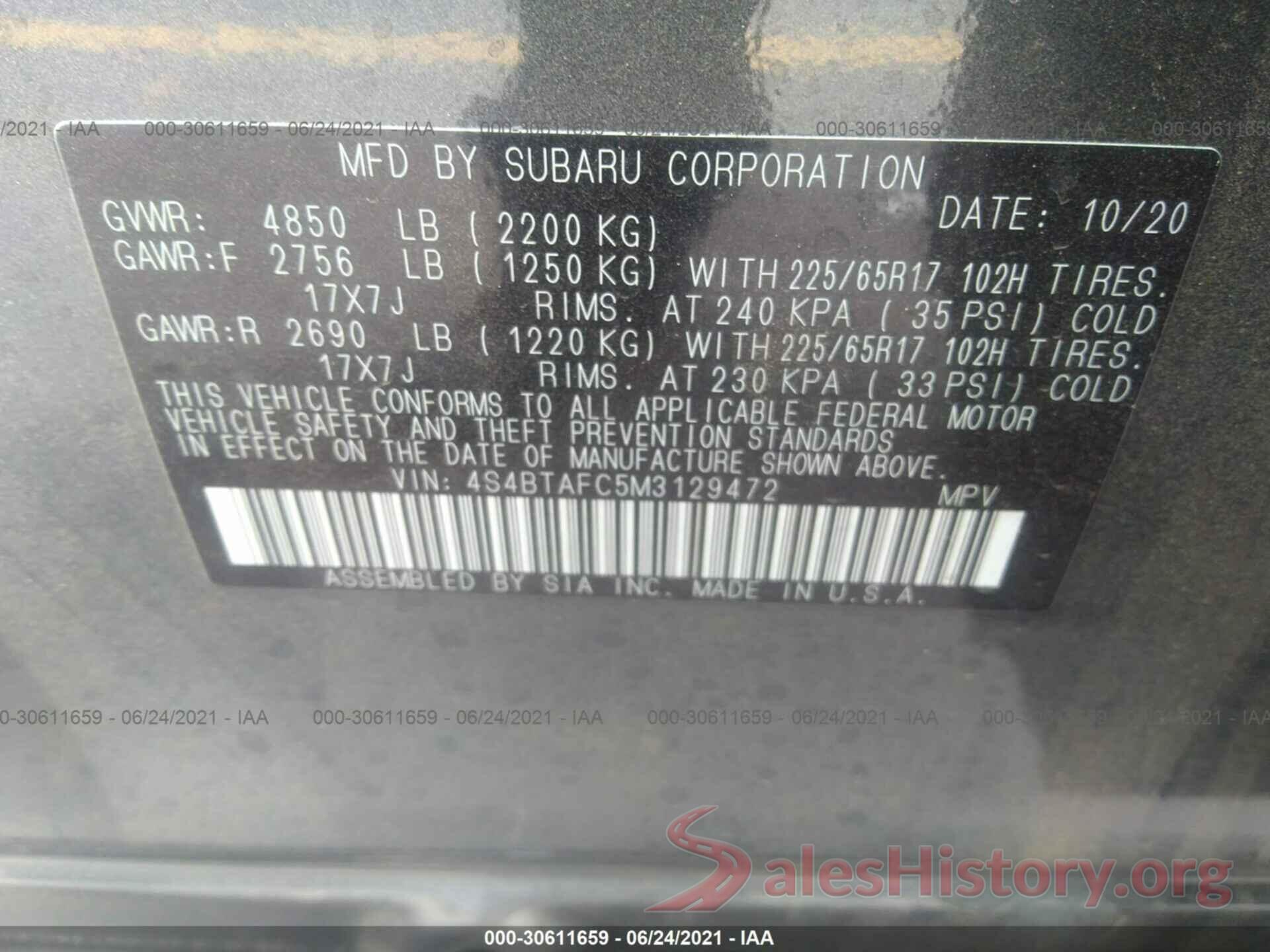 4S4BTAFC5M3129472 2021 SUBARU OUTBACK