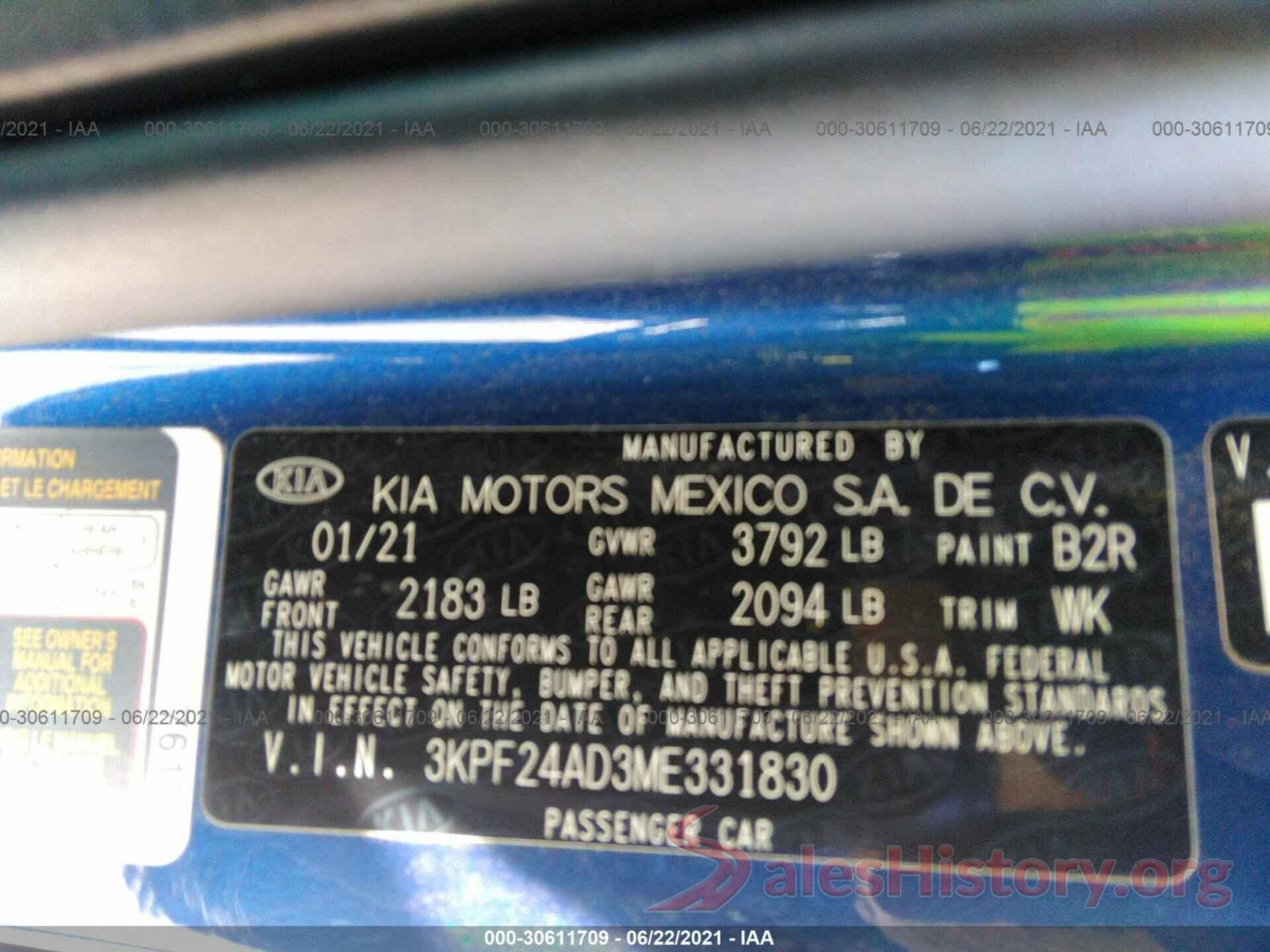 3KPF24AD3ME331830 2021 KIA FORTE