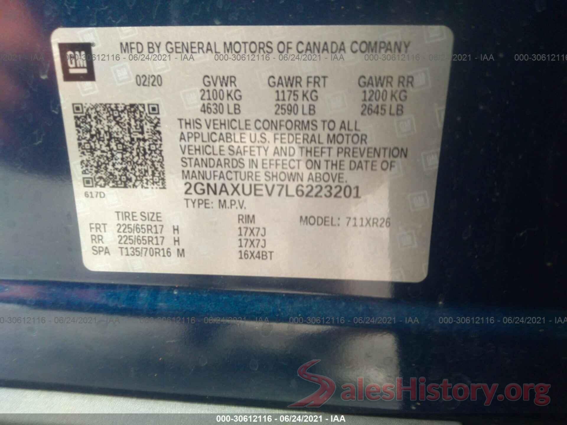 2GNAXUEV7L6223201 2020 CHEVROLET EQUINOX