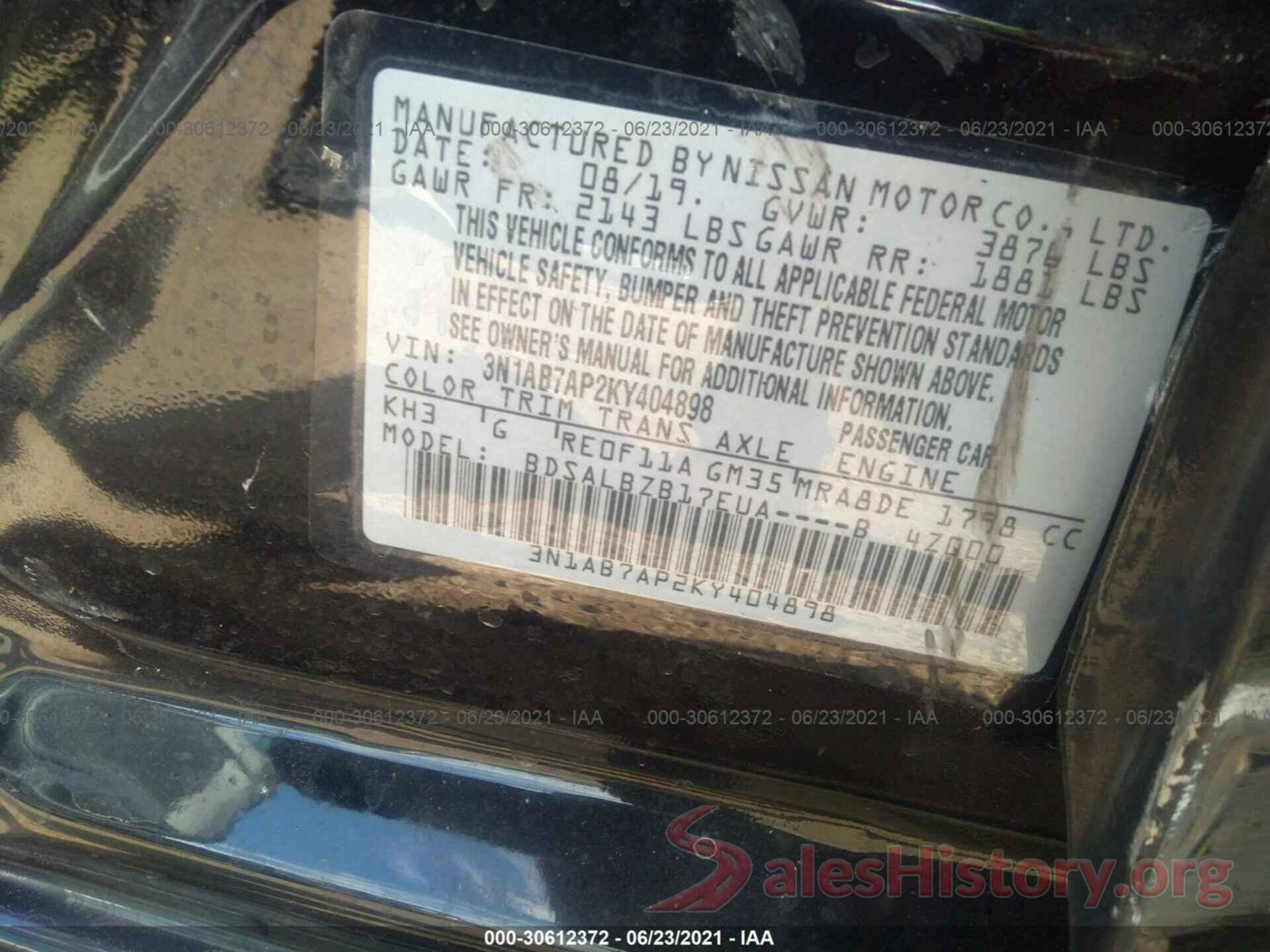 3N1AB7AP2KY404898 2019 NISSAN SENTRA