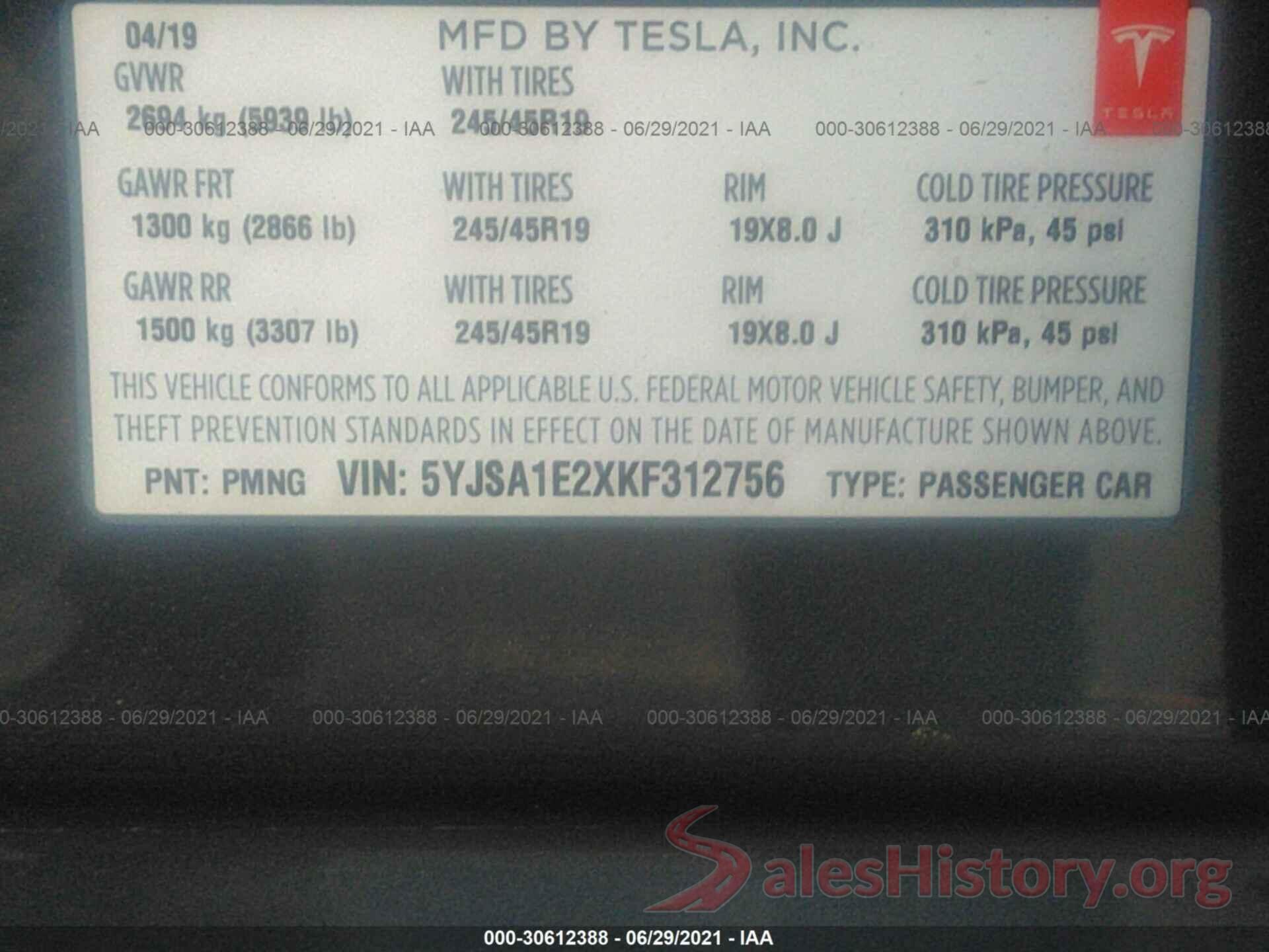 5YJSA1E2XKF312756 2019 TESLA MODEL S