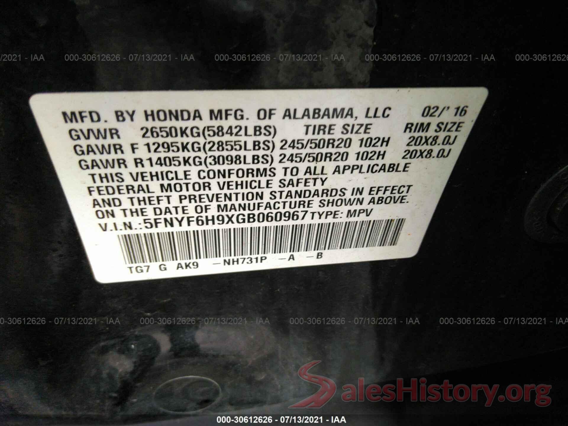 5FNYF6H9XGB060967 2016 HONDA PILOT