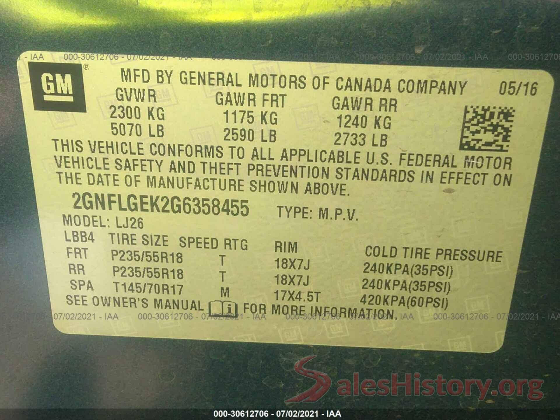 2GNFLGEK2G6358455 2016 CHEVROLET EQUINOX