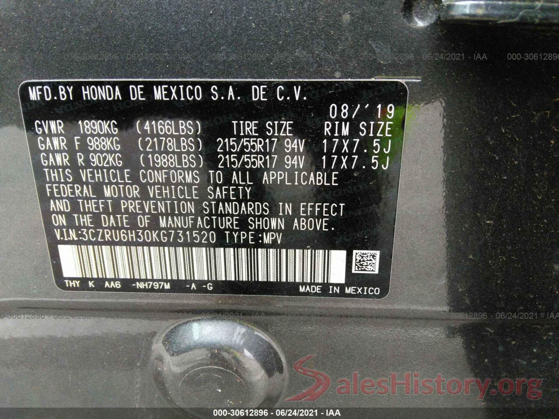 3CZRU6H30KG731520 2019 HONDA HR-V