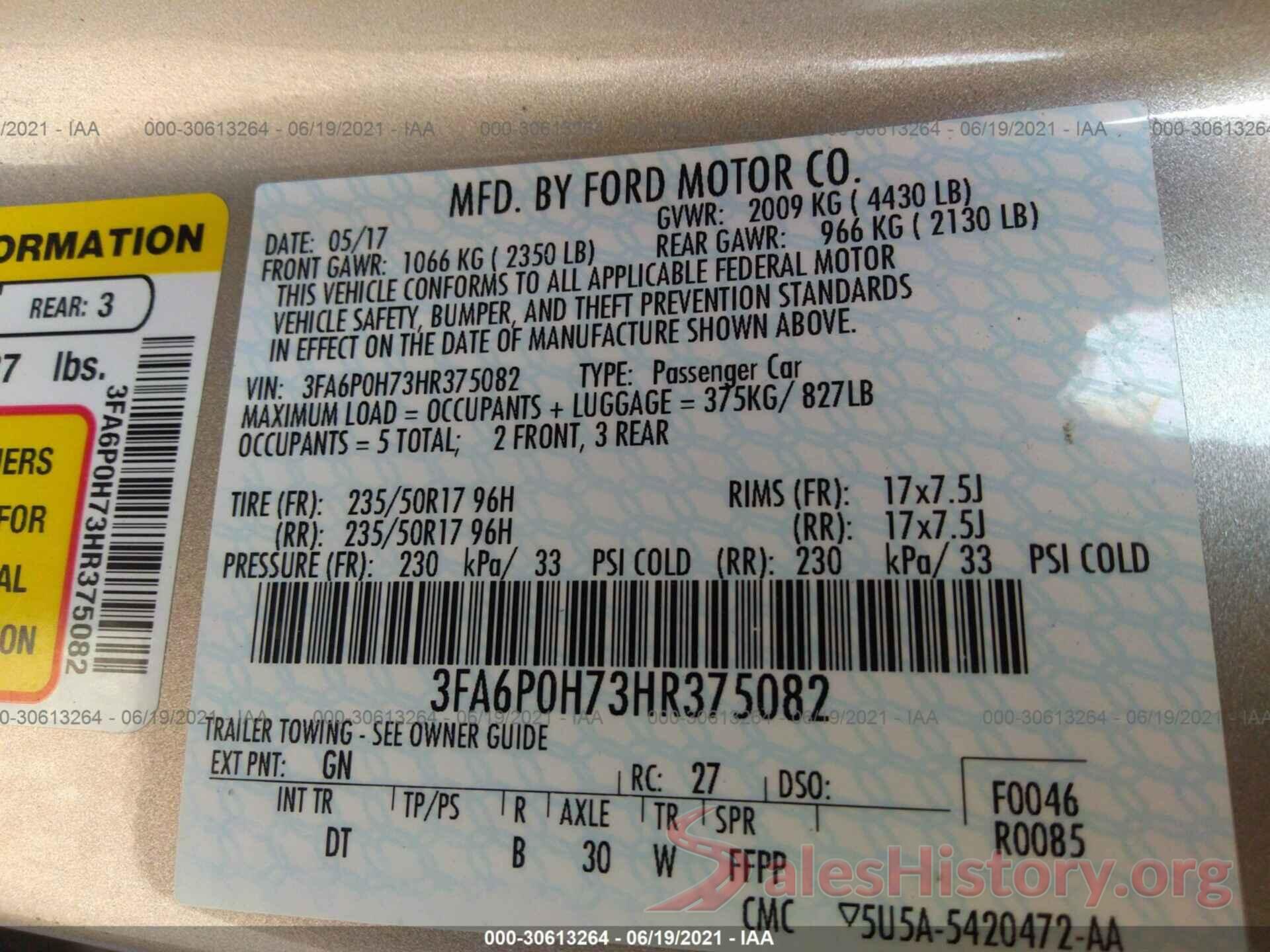 3FA6P0H73HR375082 2017 FORD FUSION