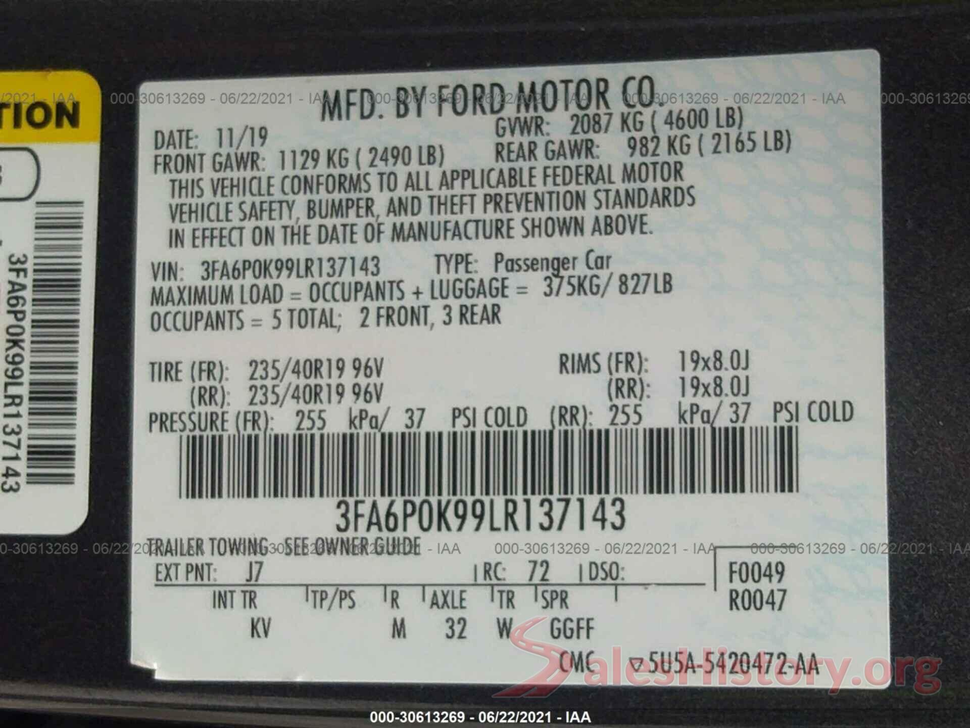 3FA6P0K99LR137143 2020 FORD FUSION