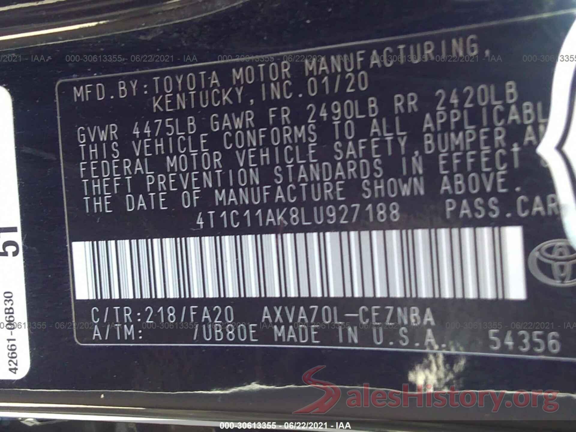 4T1C11AK8LU927188 2020 TOYOTA CAMRY