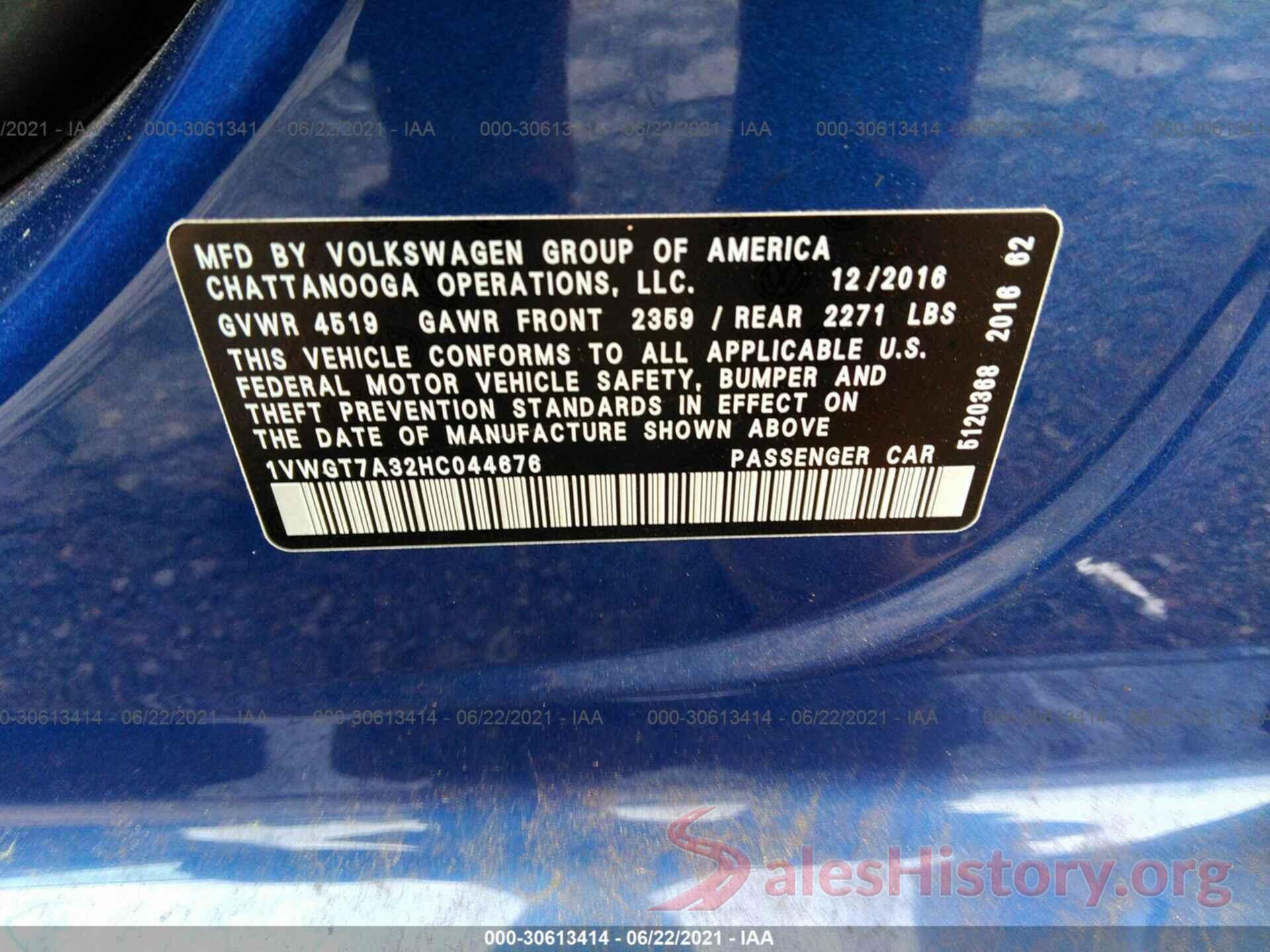 1VWGT7A32HC044676 2017 VOLKSWAGEN PASSAT