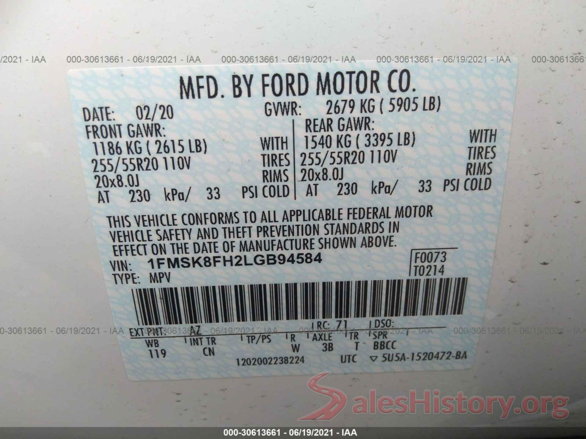 1FMSK8FH2LGB94584 2020 FORD EXPLORER