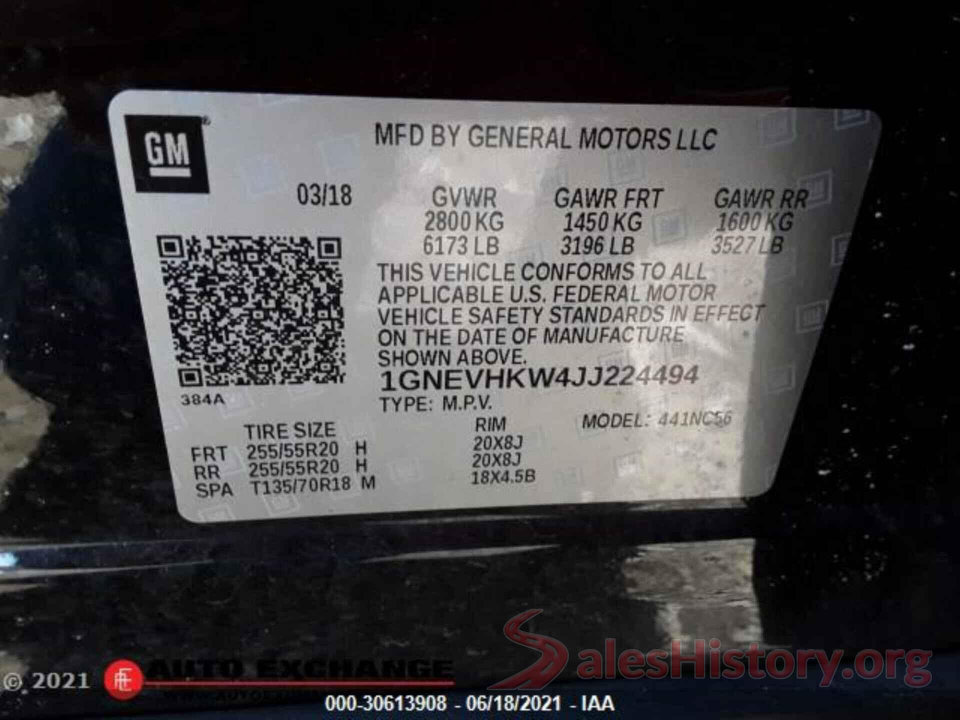 1GNEVHKW4JJ224494 2018 CHEVROLET TRAVERSE