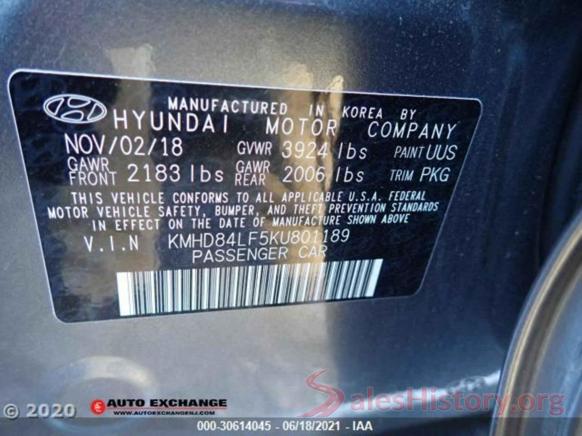 KMHD84LF5KU801189 2019 HYUNDAI ELANTRA