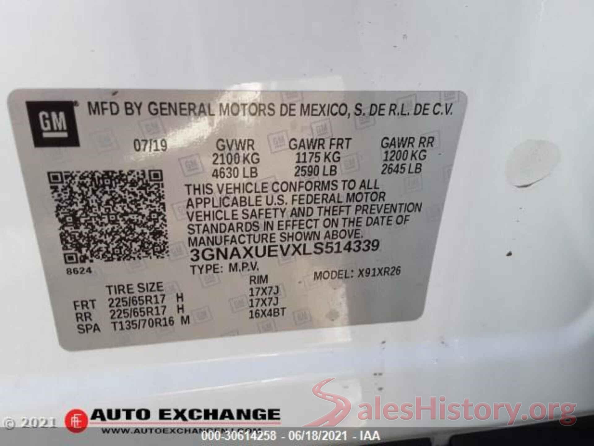 3GNAXUEVXLS514339 2020 CHEVROLET EQUINOX