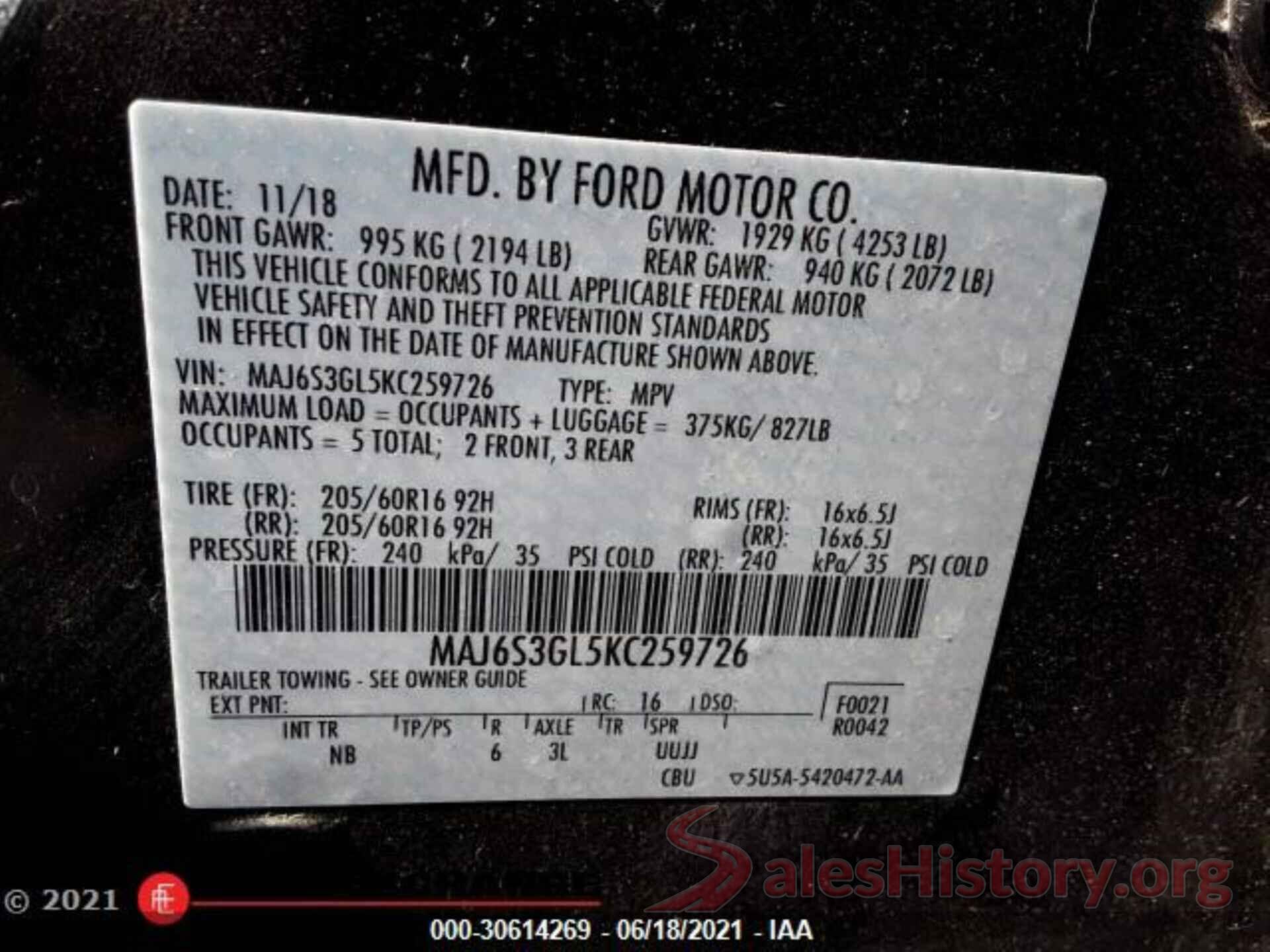 MAJ6S3GL5KC259726 2019 FORD ECOSPORT