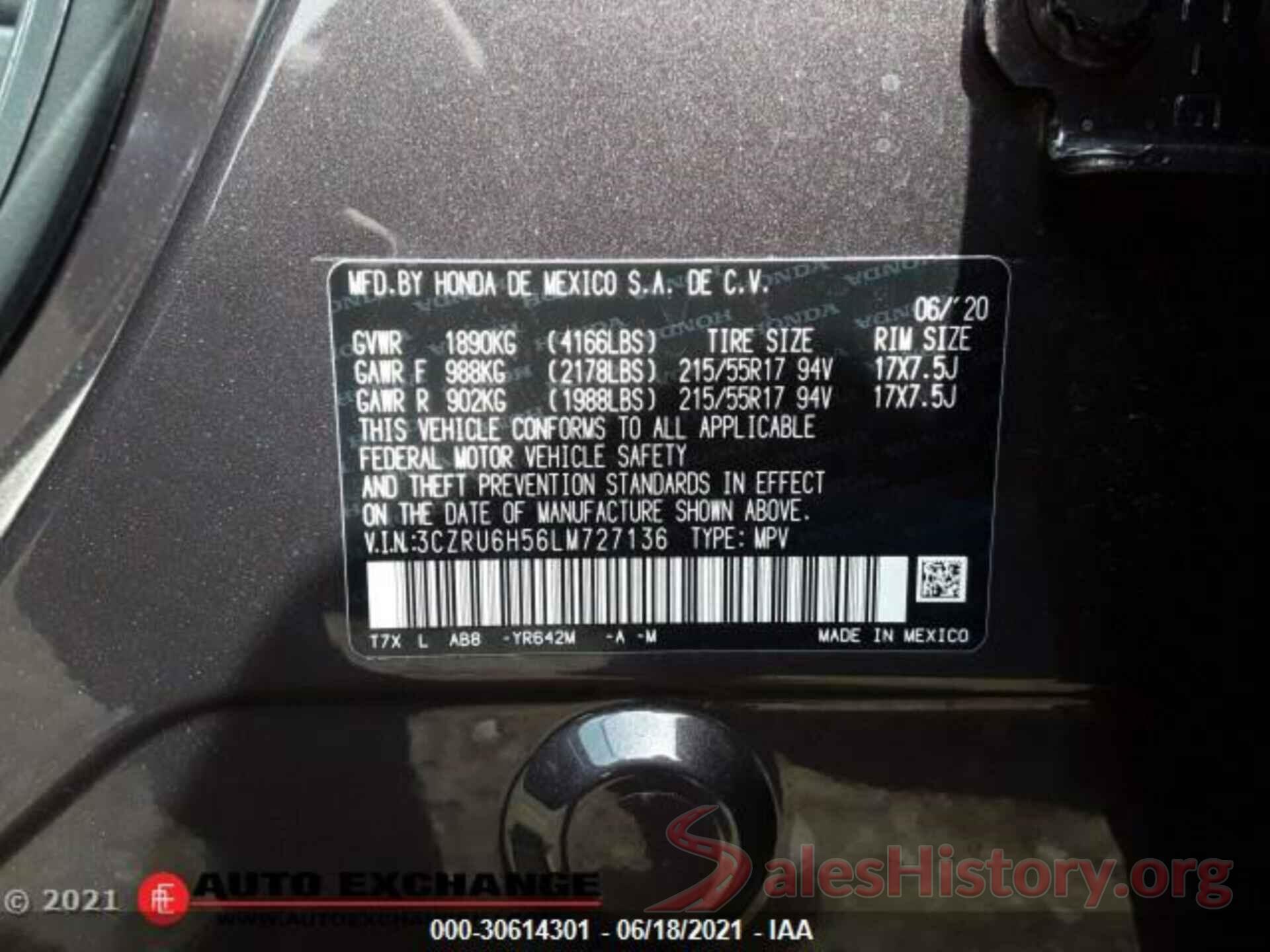 3CZRU6H56LM727136 2020 HONDA HR-V