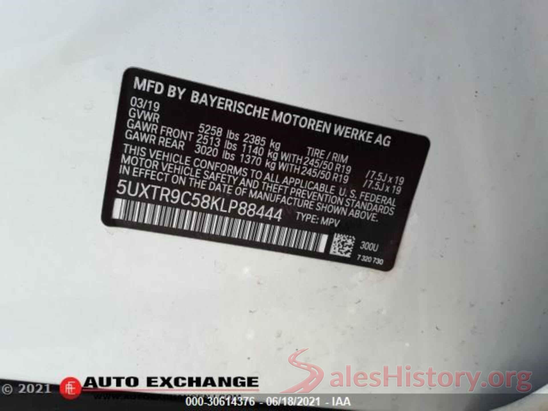 5UXTR9C58KLP88444 2019 BMW X3