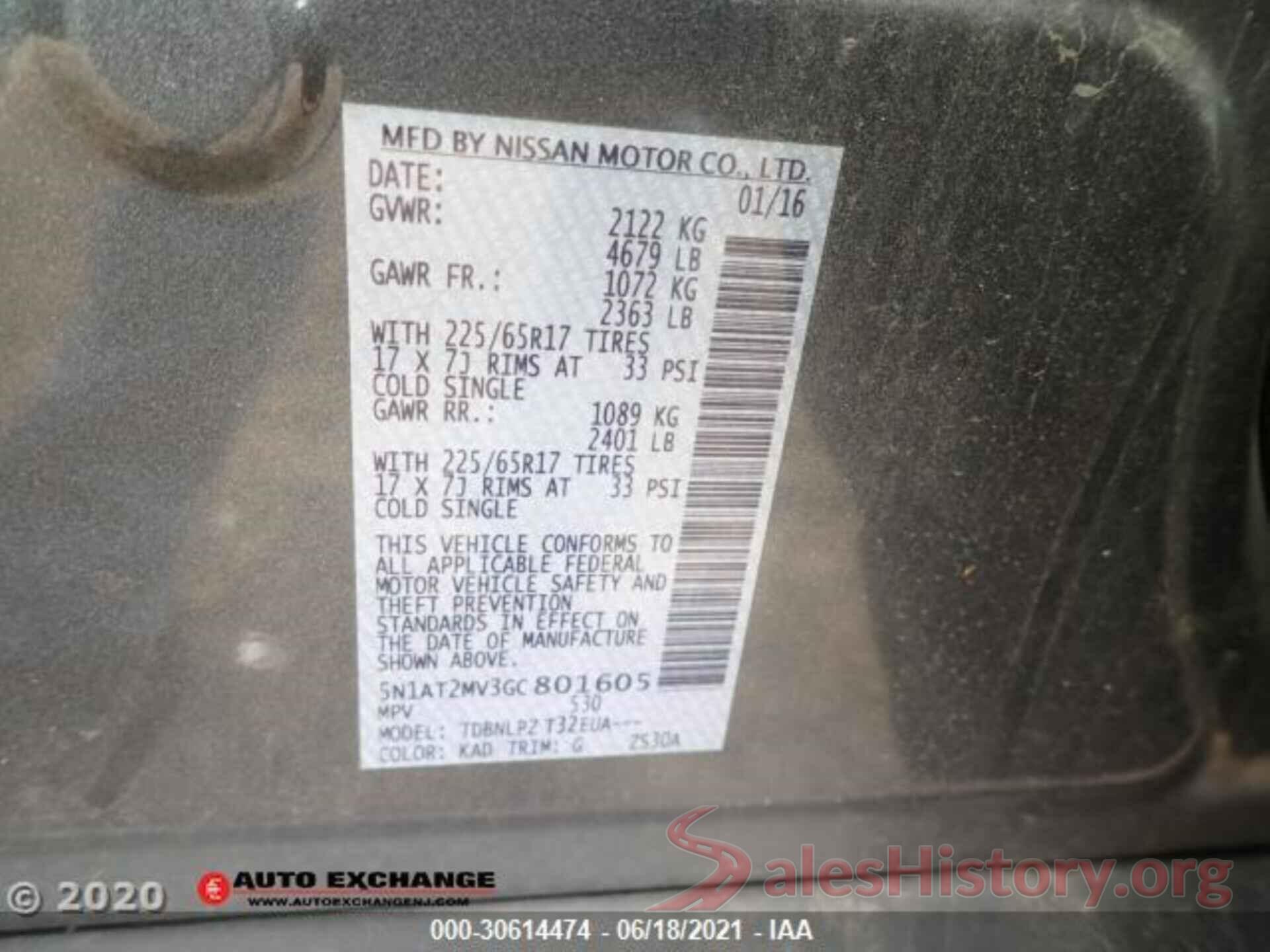 5N1AT2MV3GC801605 2016 NISSAN ROGUE