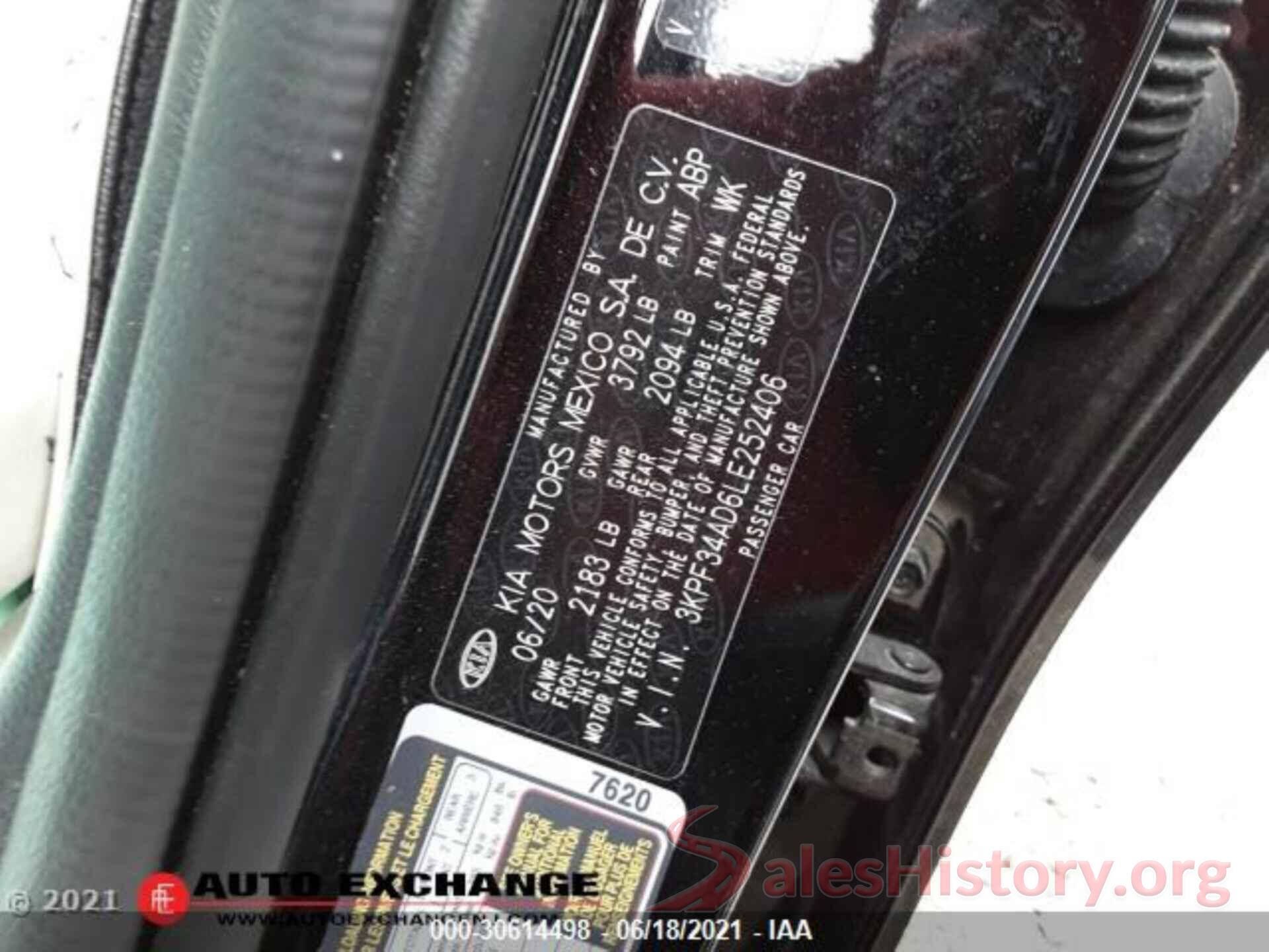 3KPF34AD6LE252406 2020 KIA FORTE