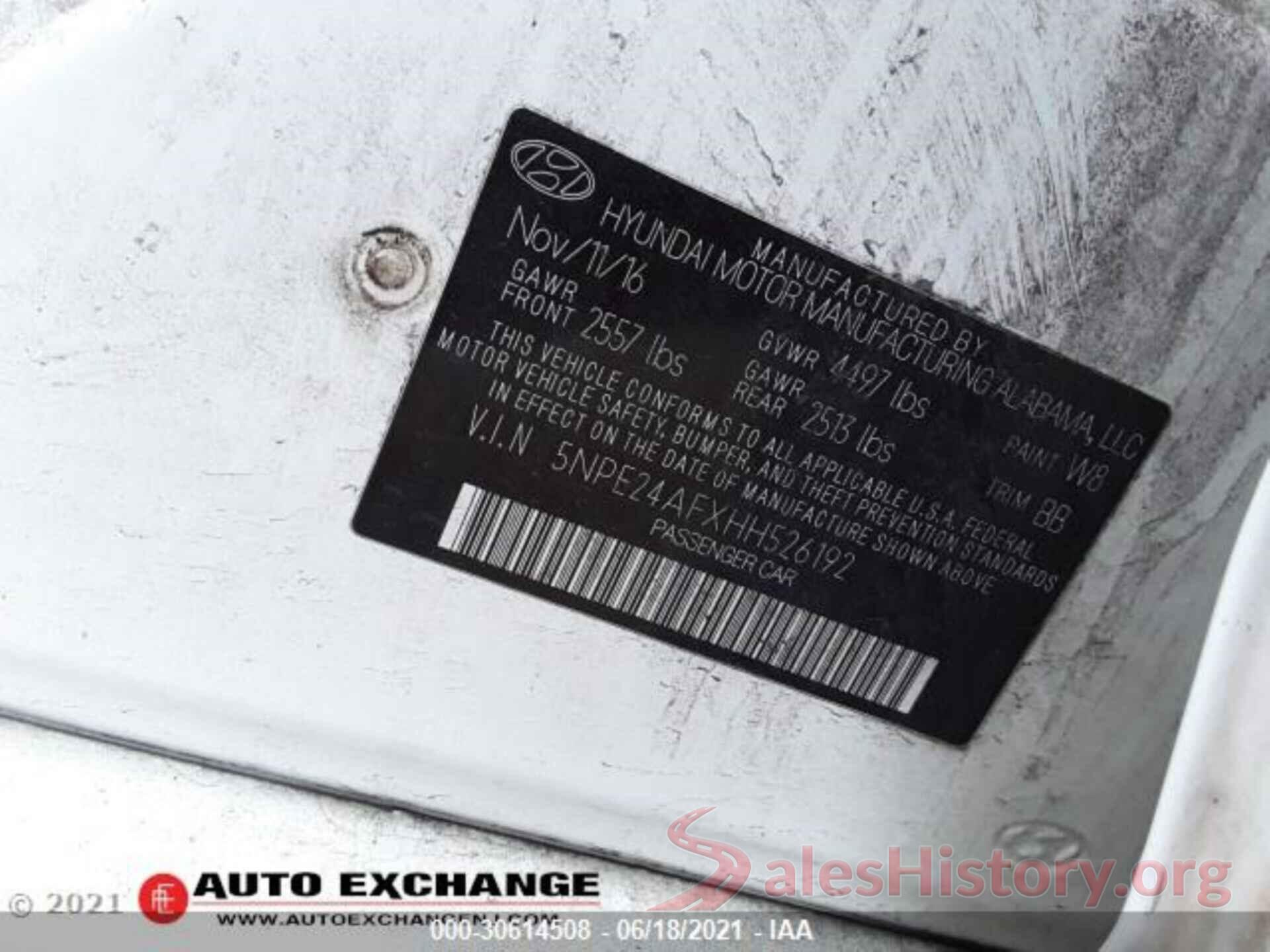 5NPE24AFXHH526192 2017 HYUNDAI SONATA