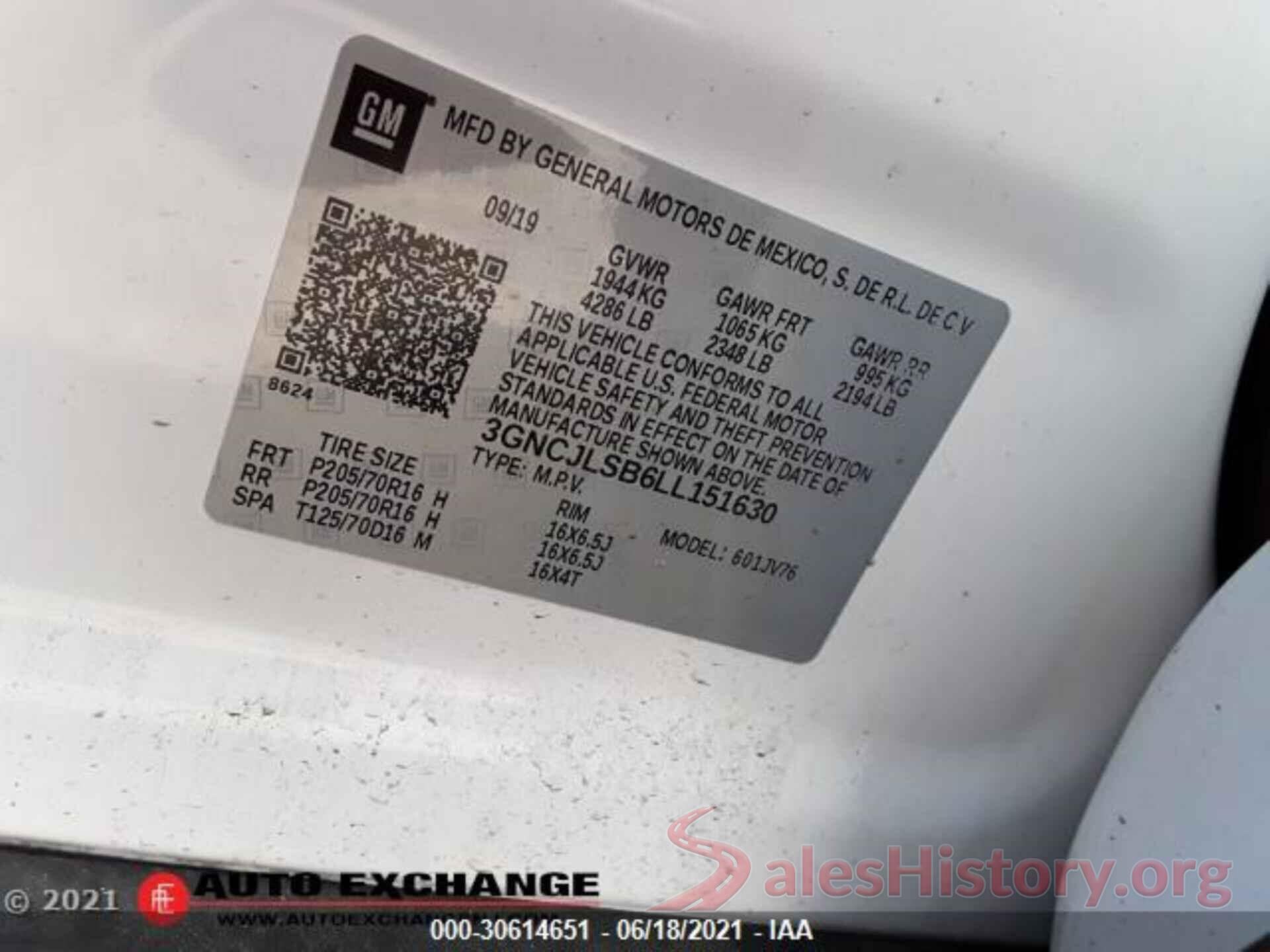 3GNCJLSB6LL151630 2020 CHEVROLET TRAX