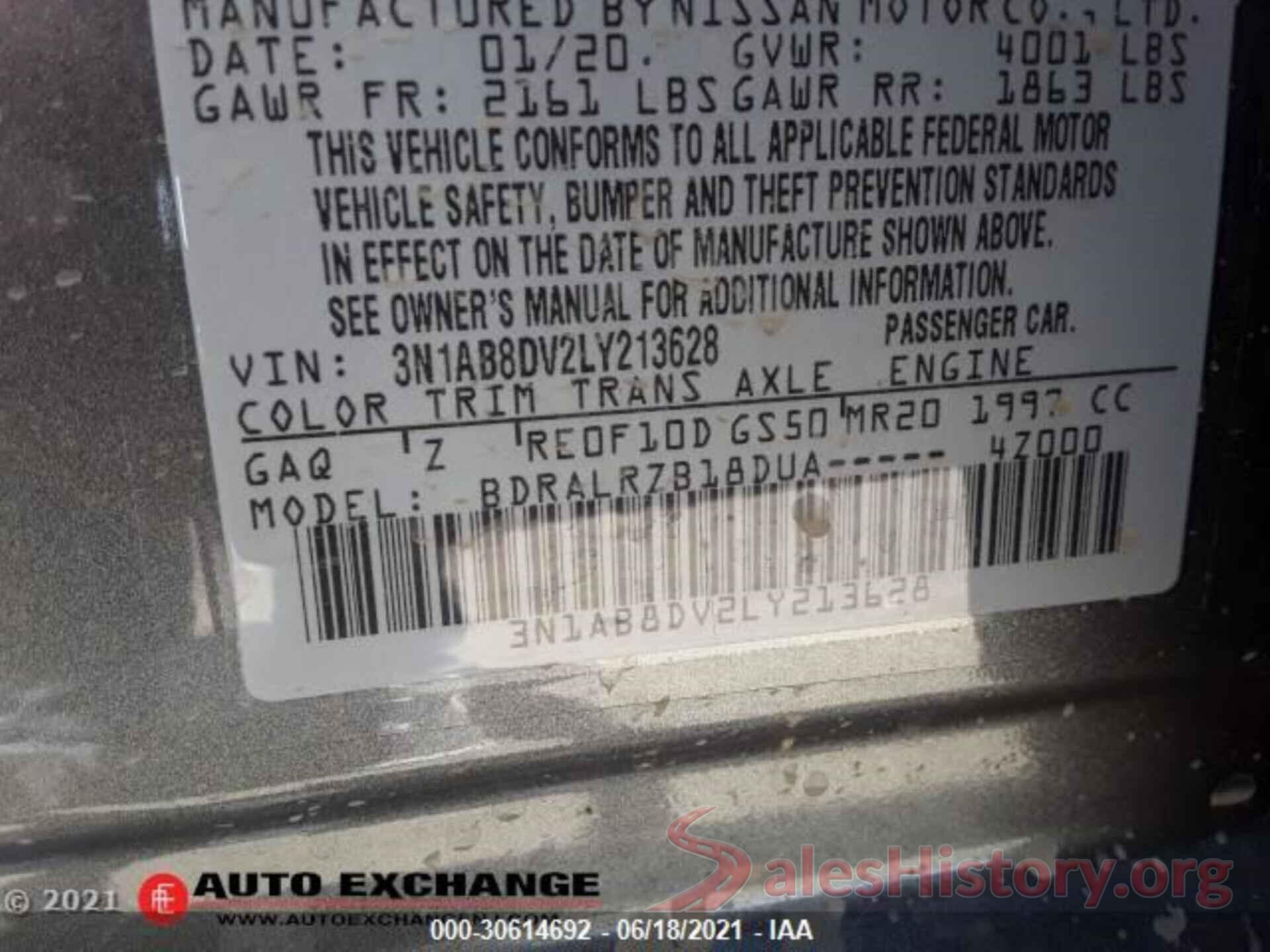 3N1AB8DV2LY213628 2020 NISSAN SENTRA