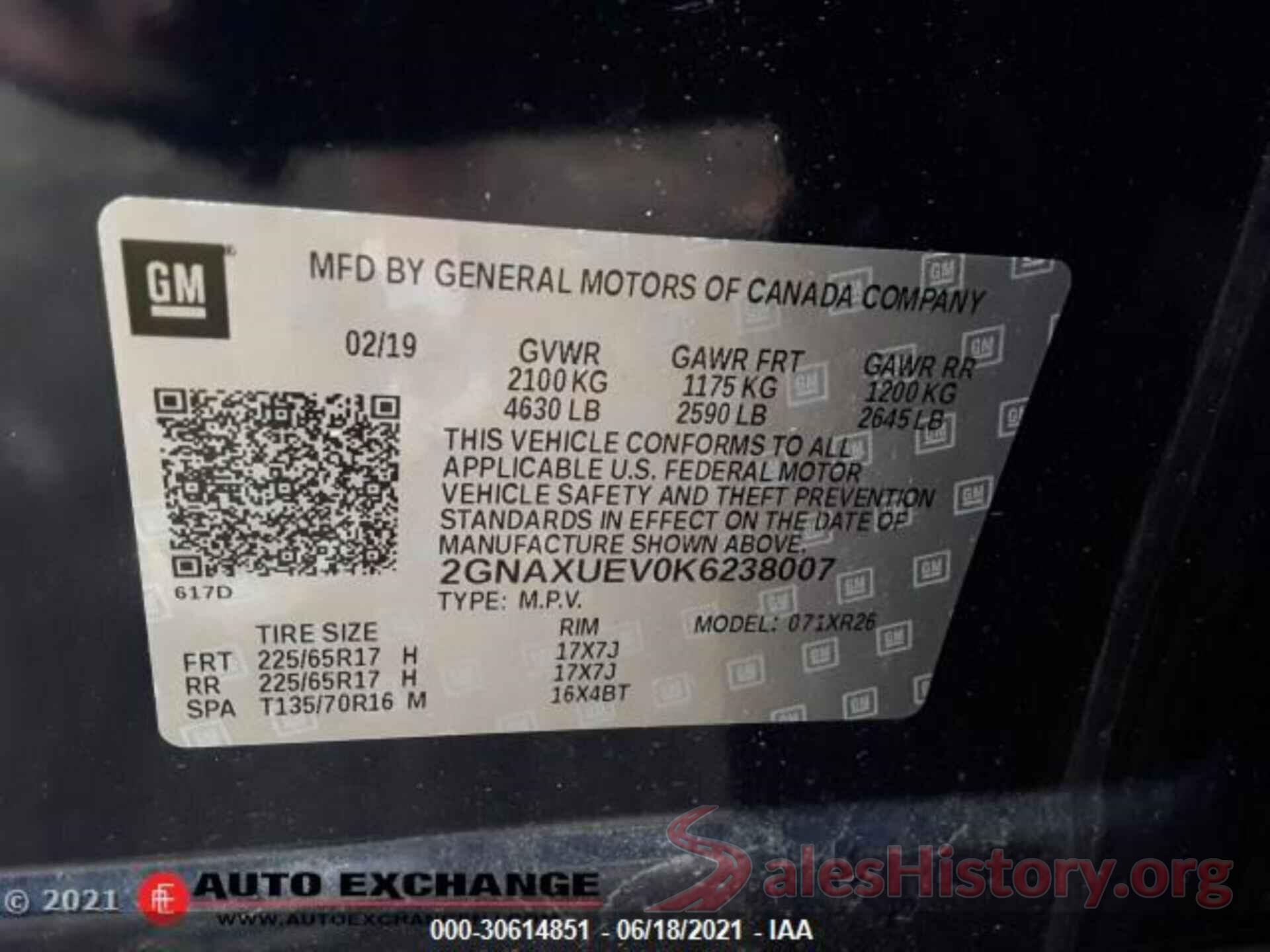 2GNAXUEV0K6238007 2019 CHEVROLET EQUINOX