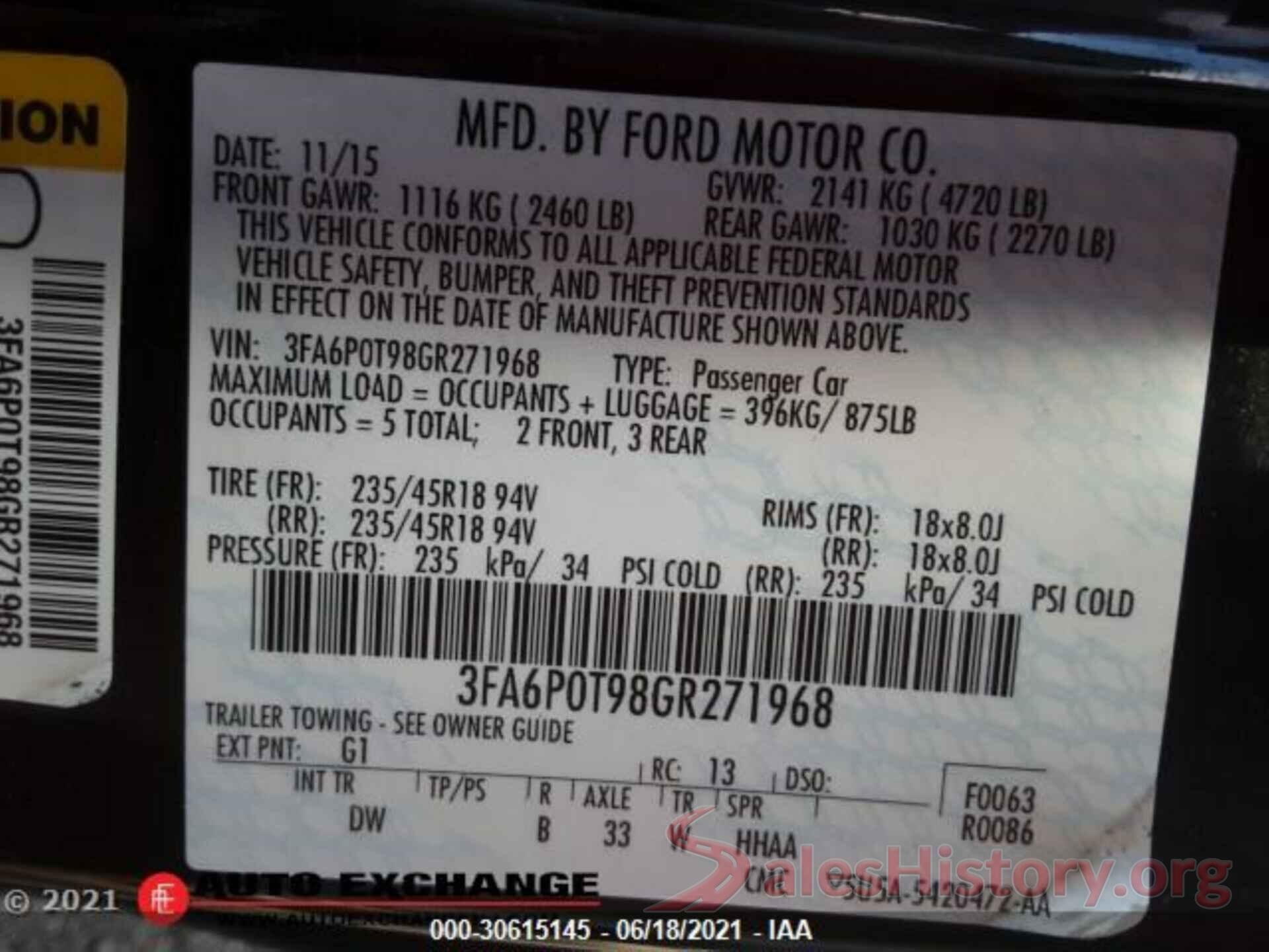 3FA6P0T98GR271968 2016 FORD FUSION