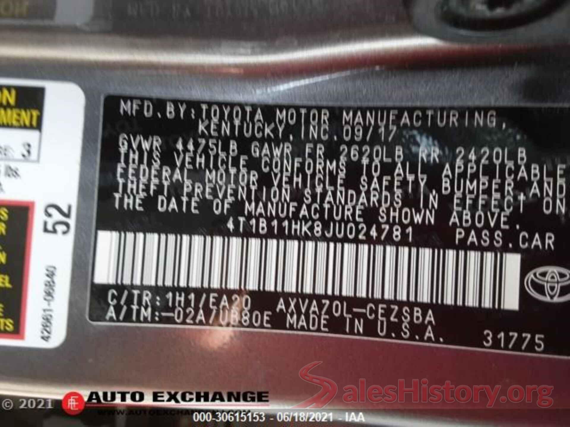 4T1B11HK8JU024781 2018 TOYOTA CAMRY