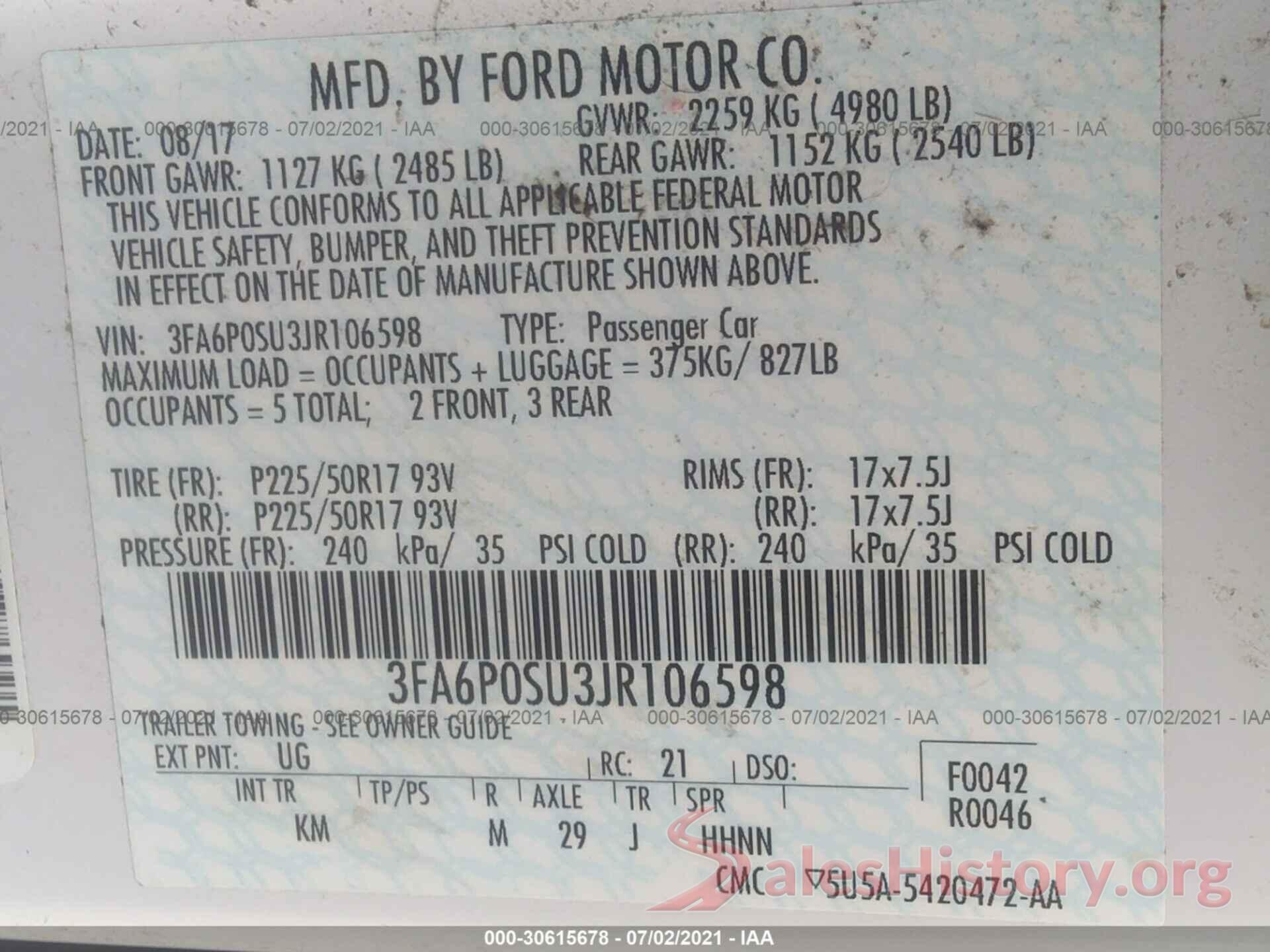 3FA6P0SU3JR106598 2018 FORD FUSION ENERGI