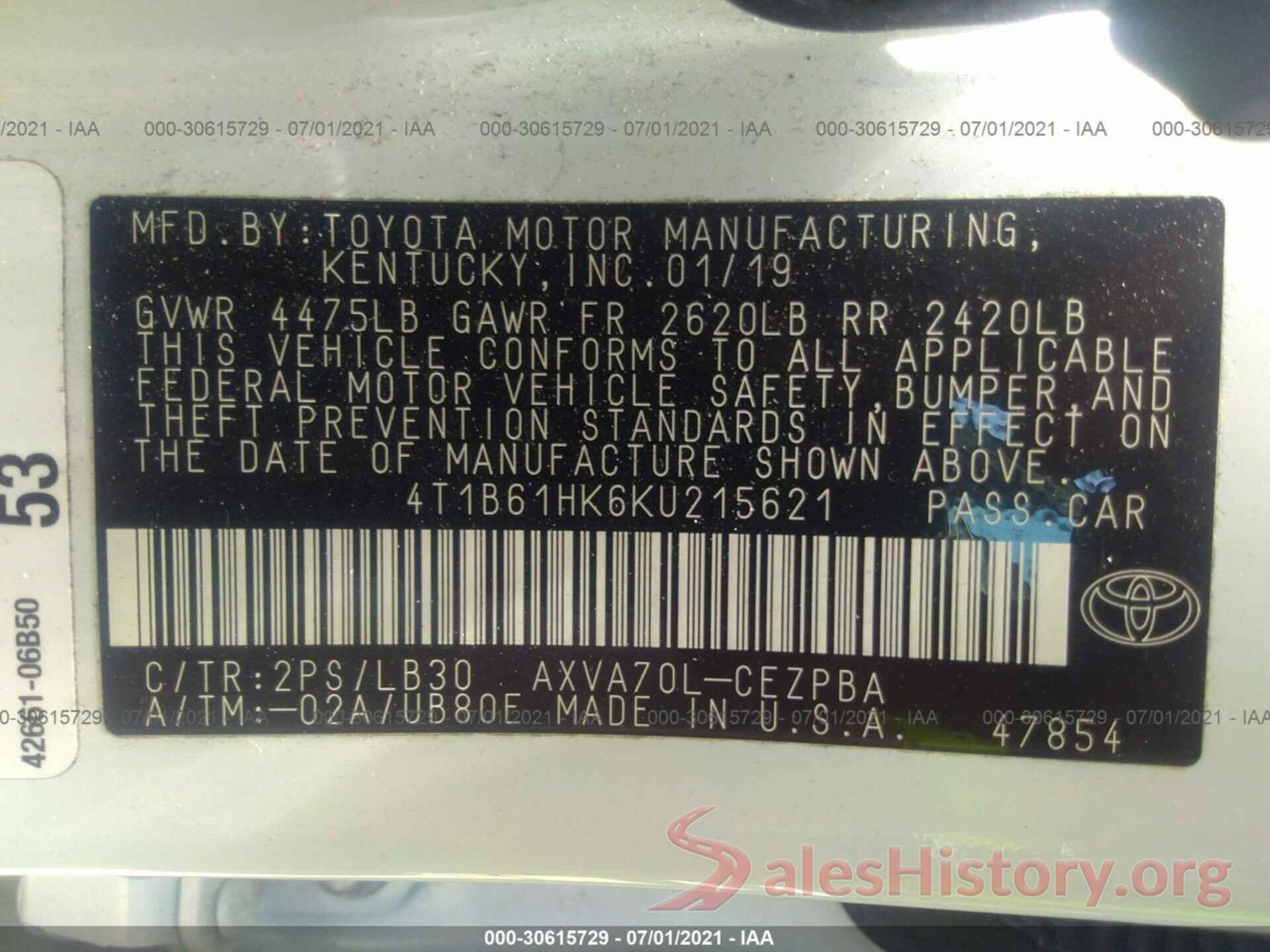 4T1B61HK6KU215621 2019 TOYOTA CAMRY