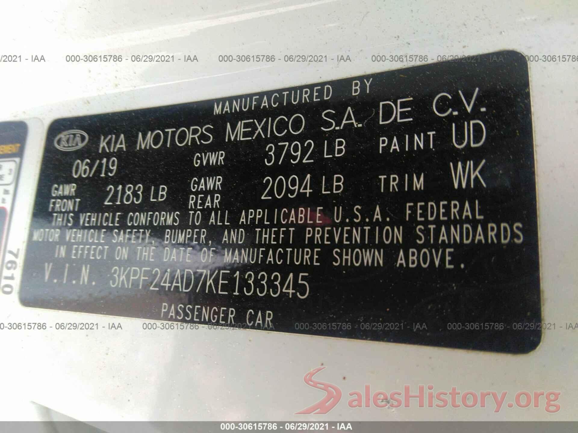 3KPF24AD7KE133345 2019 KIA FORTE