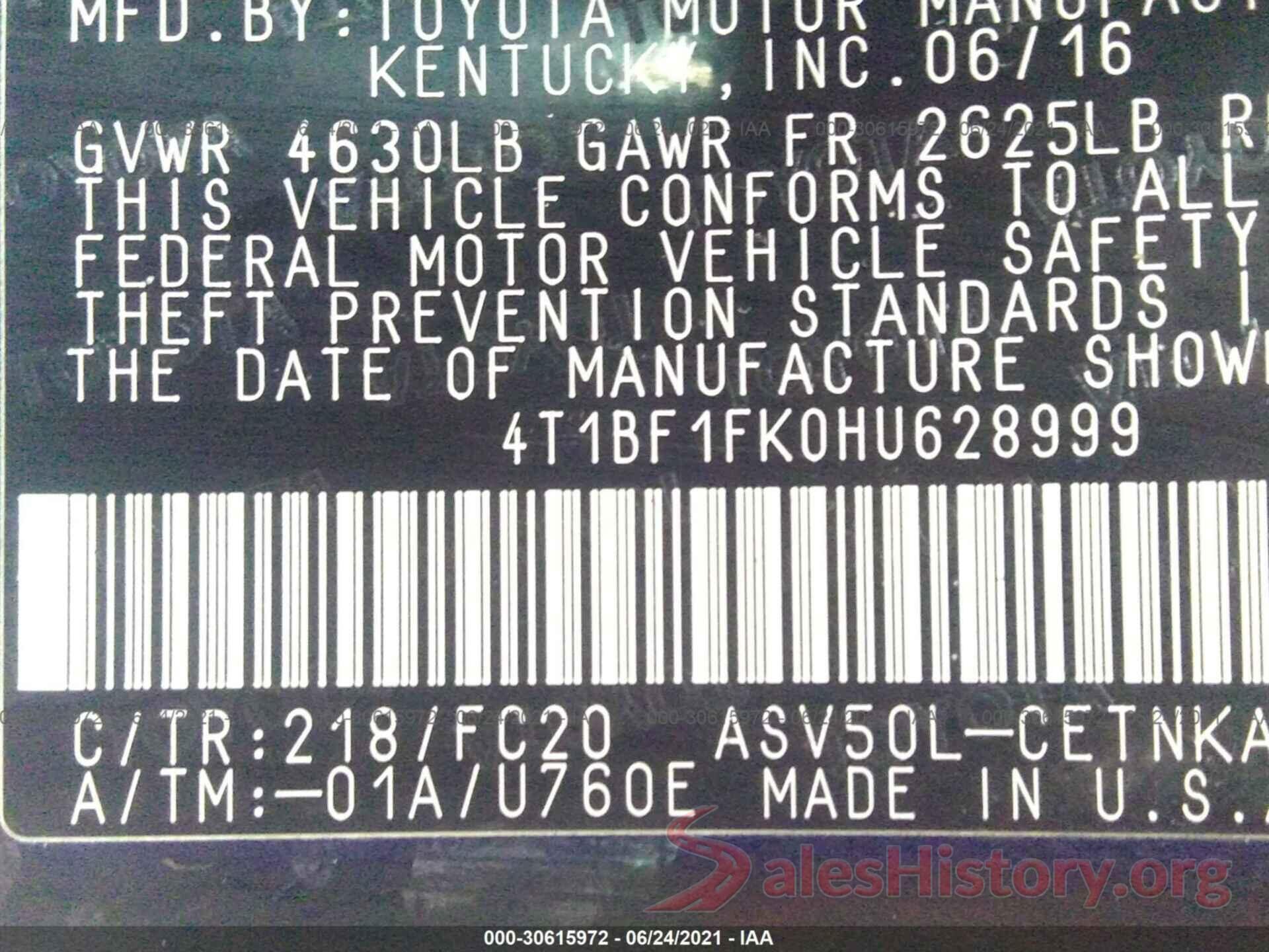 4T1BF1FK0HU628999 2017 TOYOTA CAMRY