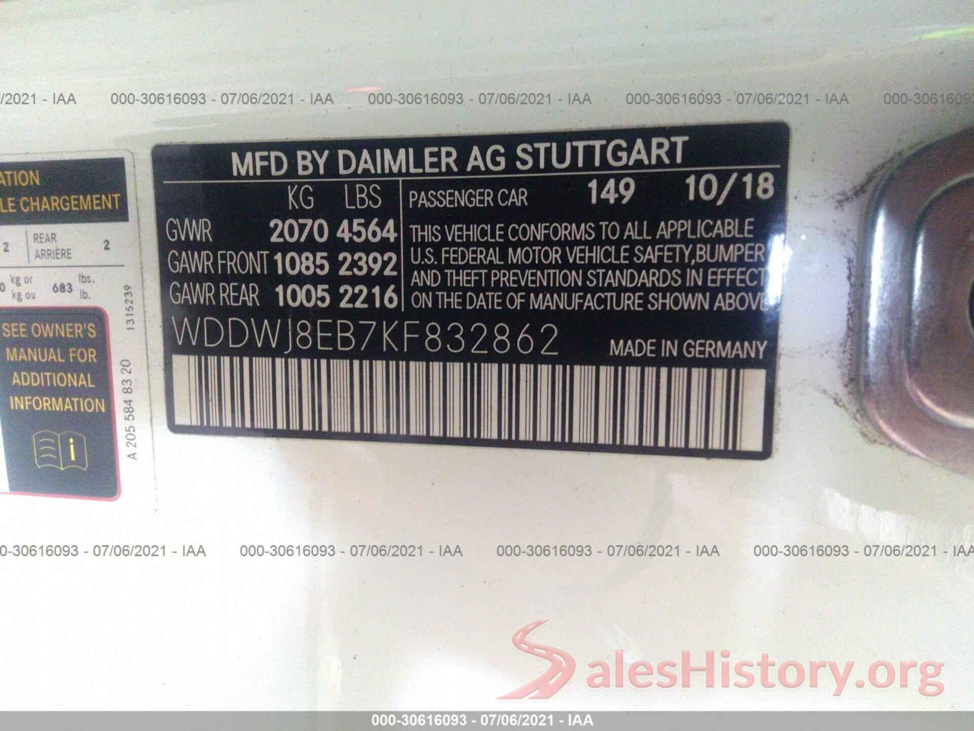 WDDWJ8EB7KF832862 2019 MERCEDES-BENZ C-CLASS