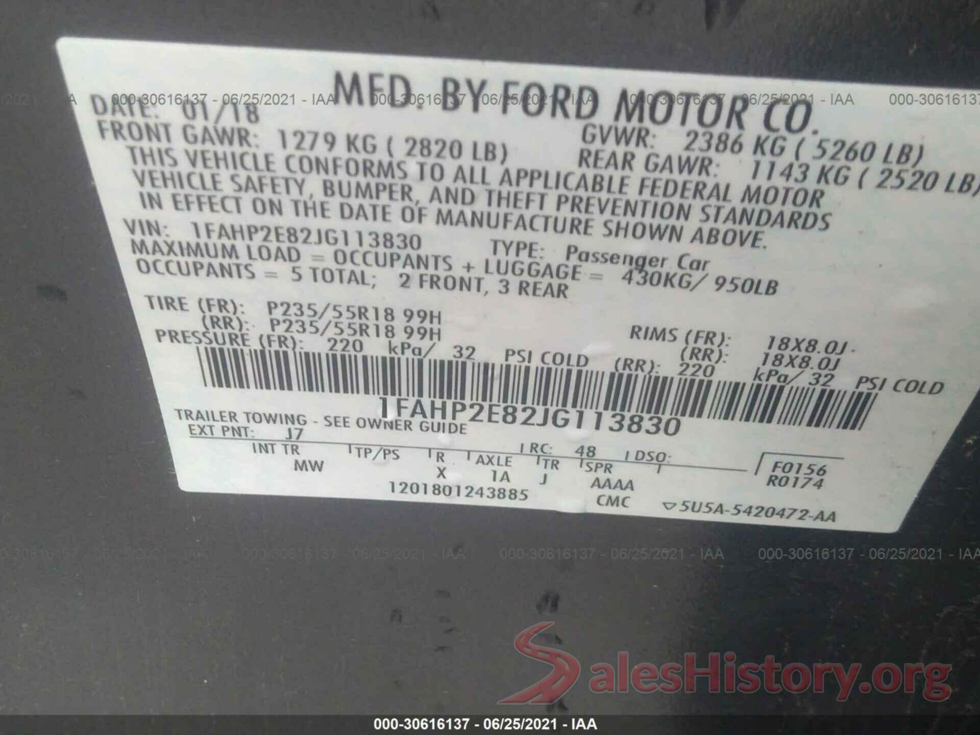 1FAHP2E82JG113830 2018 FORD TAURUS