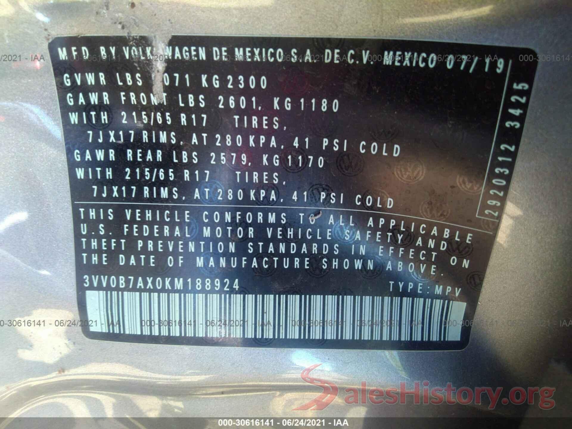 3VV0B7AX0KM188924 2019 VOLKSWAGEN TIGUAN