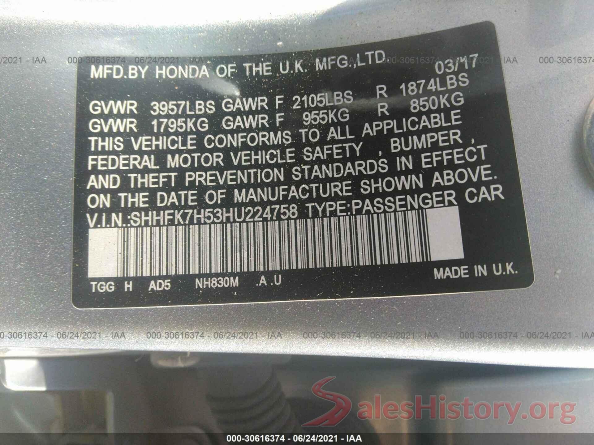 SHHFK7H53HU224758 2017 HONDA CIVIC HATCHBACK