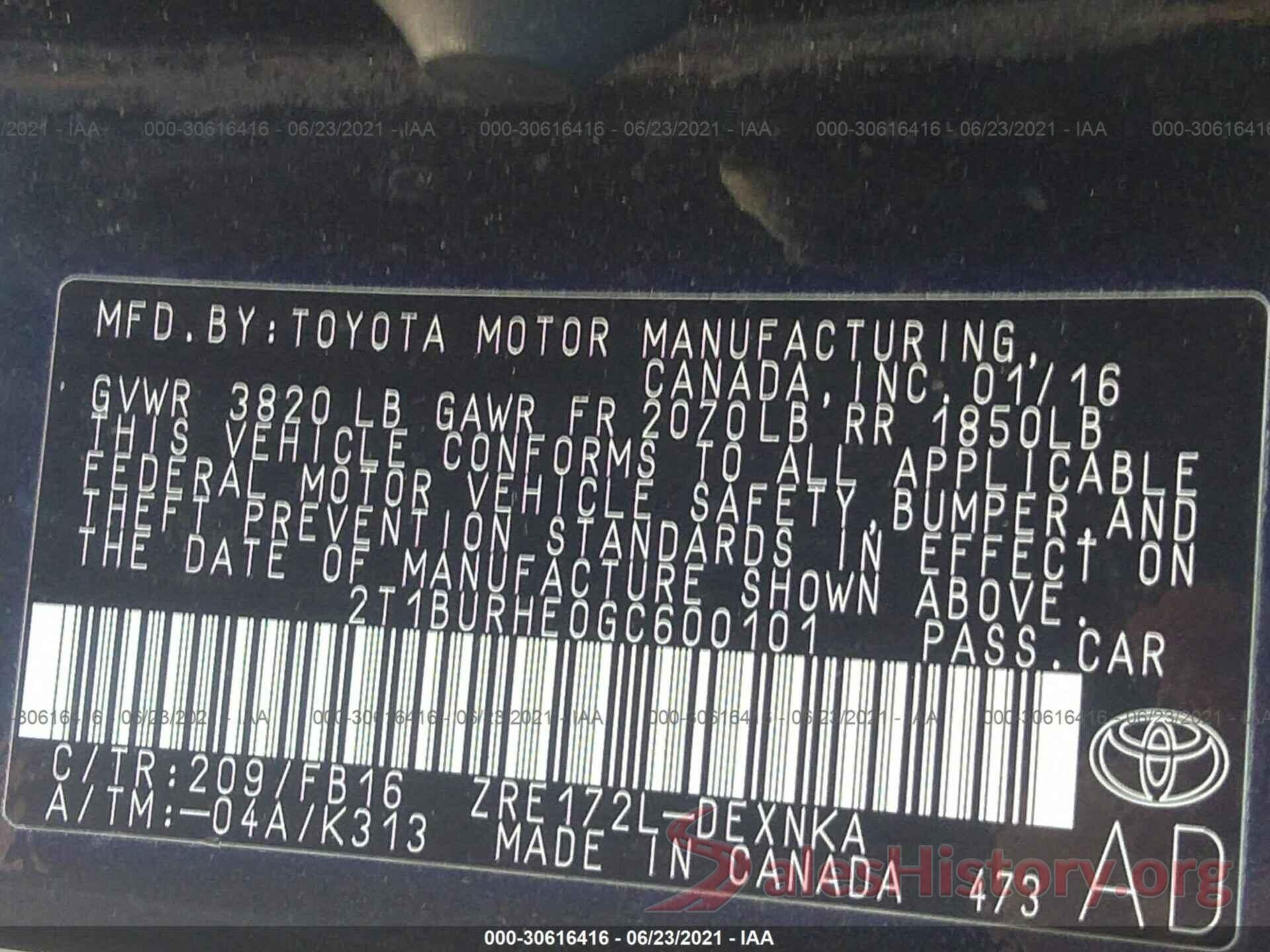 2T1BURHE0GC600101 2016 TOYOTA COROLLA