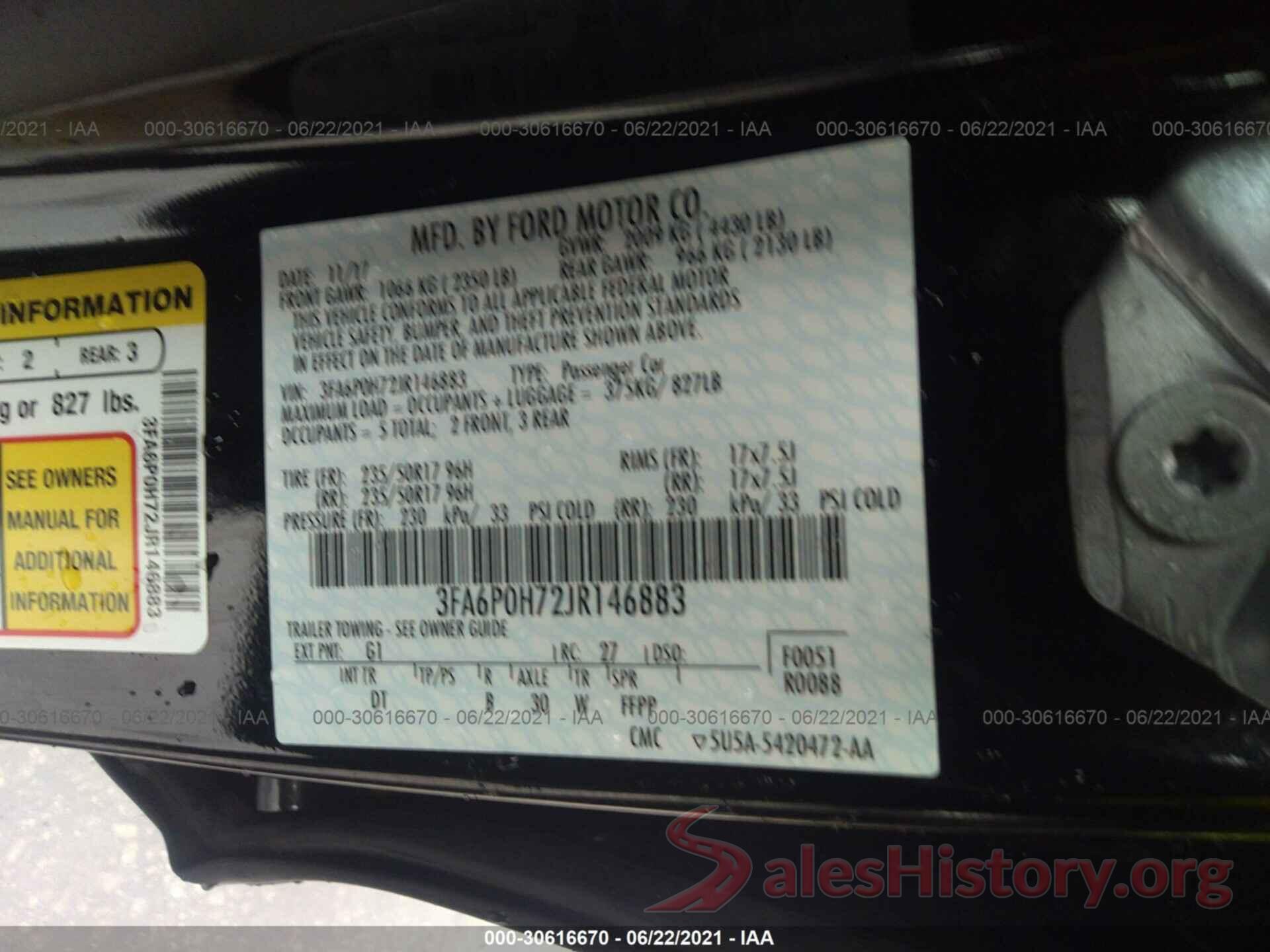 3FA6P0H72JR146883 2018 FORD FUSION