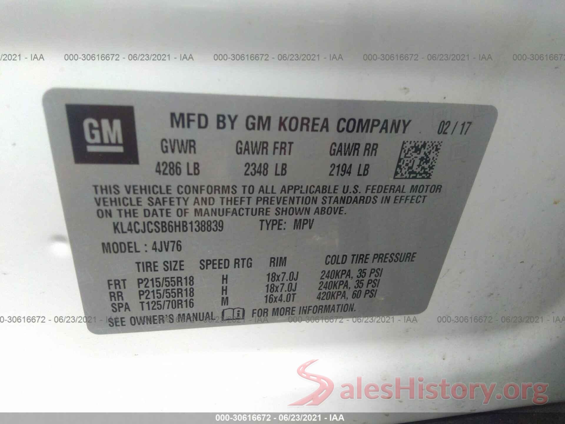 KL4CJCSB6HB138839 2017 BUICK ENCORE