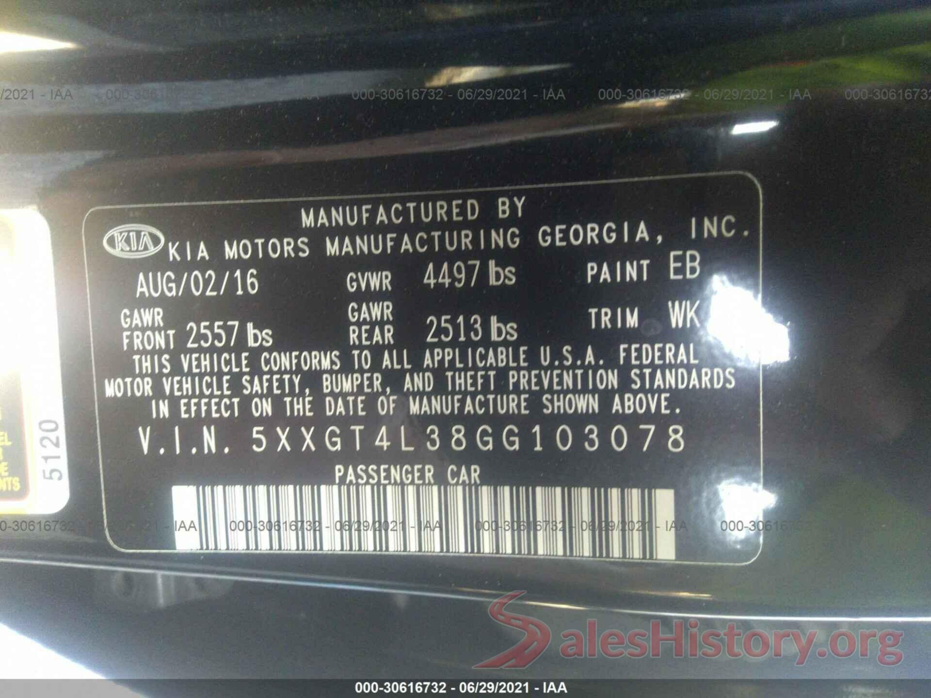 5XXGT4L38GG103078 2016 KIA OPTIMA