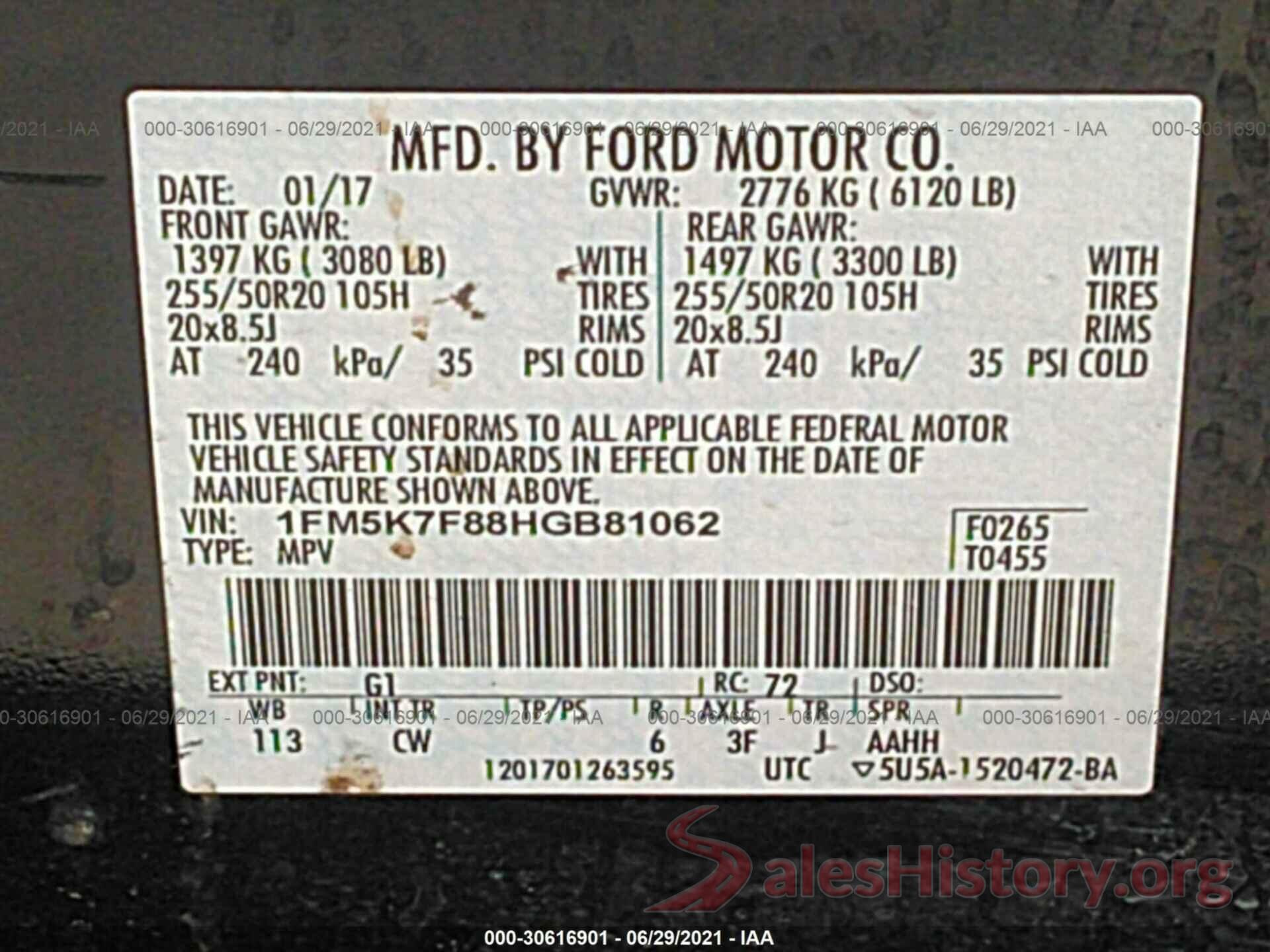 1FM5K7F88HGB81062 2017 FORD EXPLORER