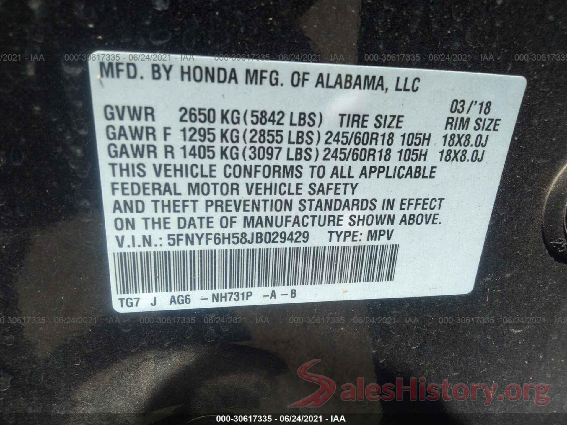 5FNYF6H58JB029429 2018 HONDA PILOT