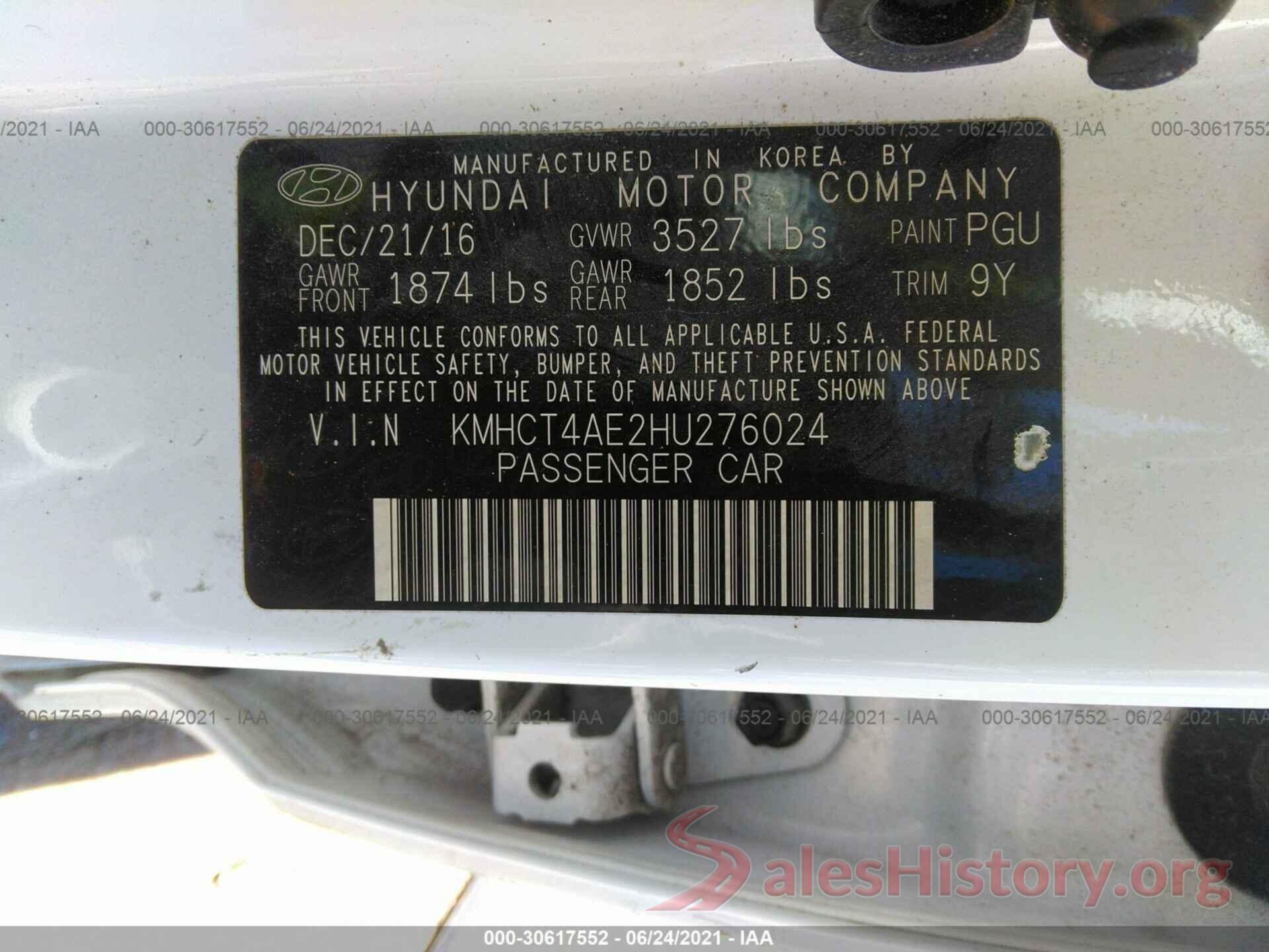 KMHCT4AE2HU276024 2017 HYUNDAI ACCENT