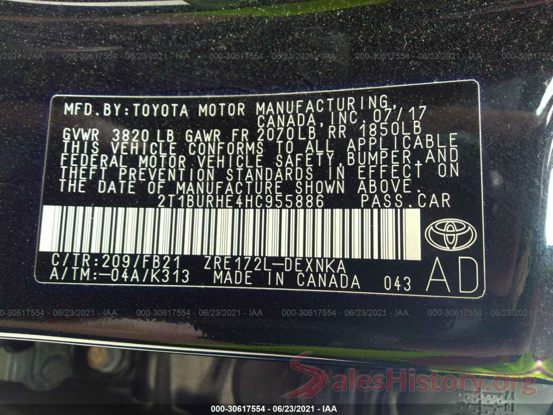 2T1BURHE4HC955886 2017 TOYOTA COROLLA